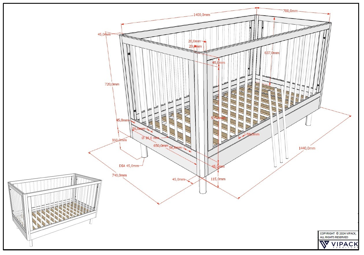 Vipack Lit bébé »hochwertig, stabil gebaut, Made in Europe, Oberfläche geölt lt. EN71-3« 70/140 cm, avec barreaux coulissants et sommier à lattes, réglable en hauteur