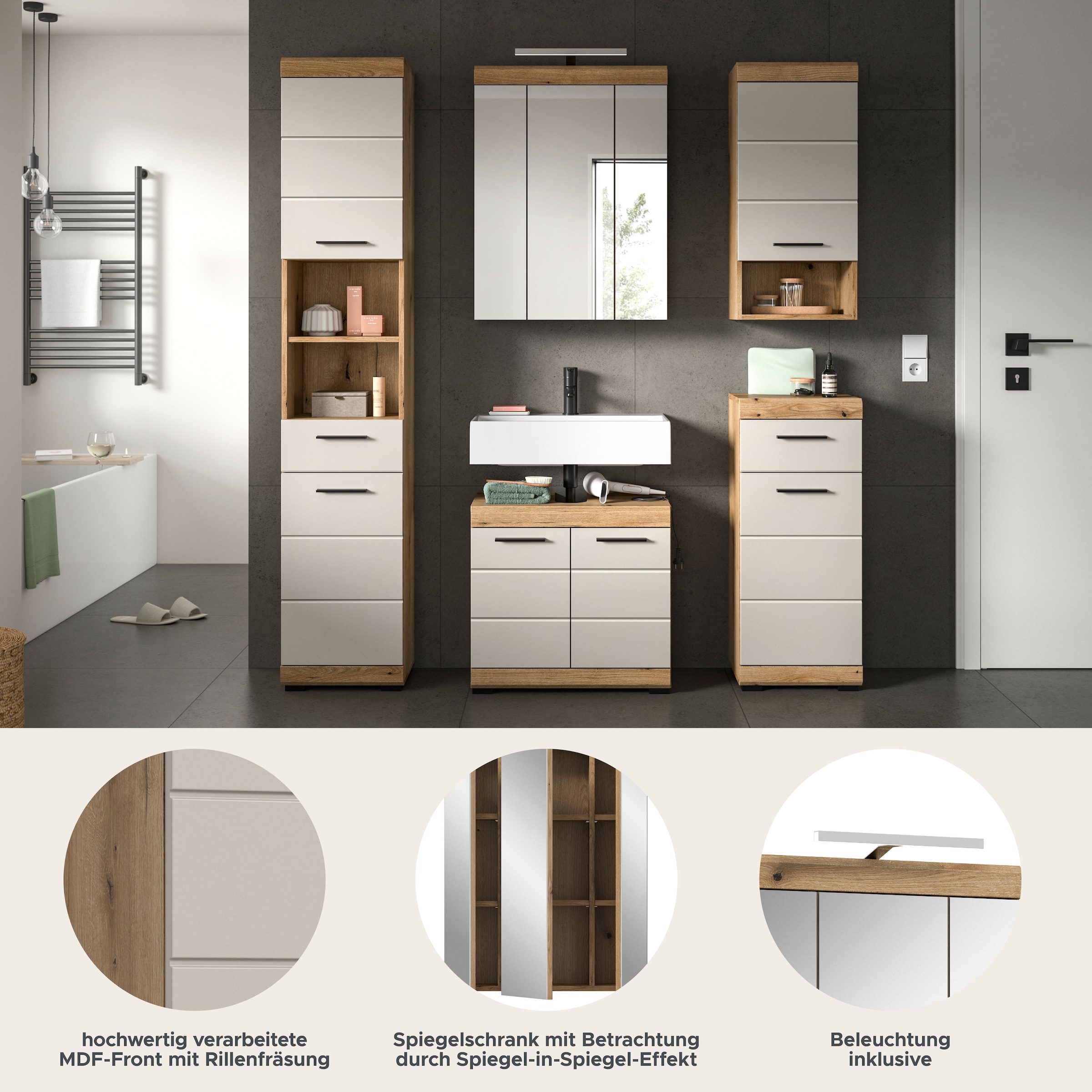 welltime Badmöbel-Set »Siena, 5 teilig, inklusive LED Beleuchtung, bestehend aus:« Set, TOPSELLER!, 5 Stk. tlg.
