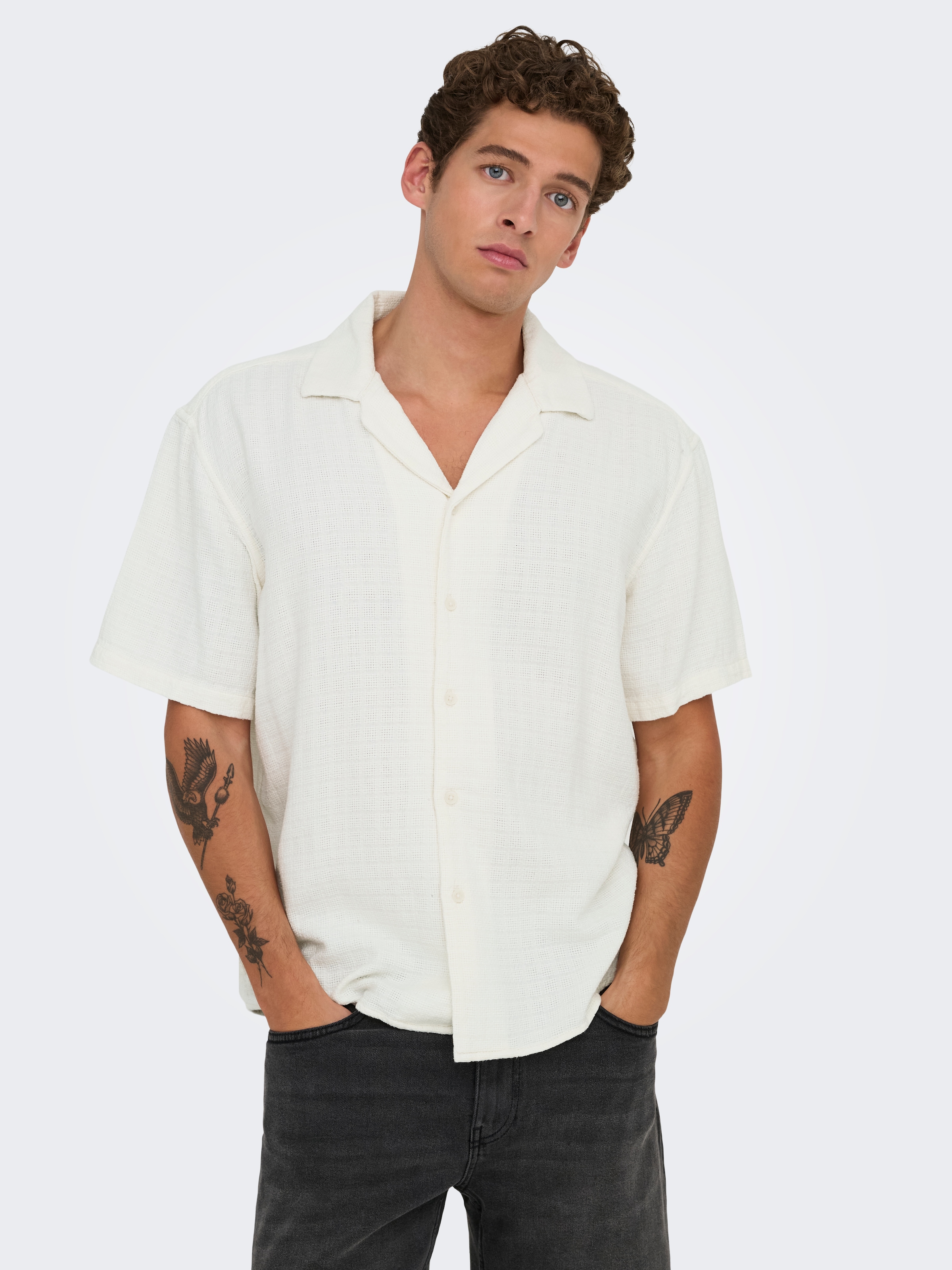 ONLY & SONS Chemise à manches courtes »ONSLATHAM RLXSS RESORT LINEN STRUC 0257« Viscose avec lin, coupe normale