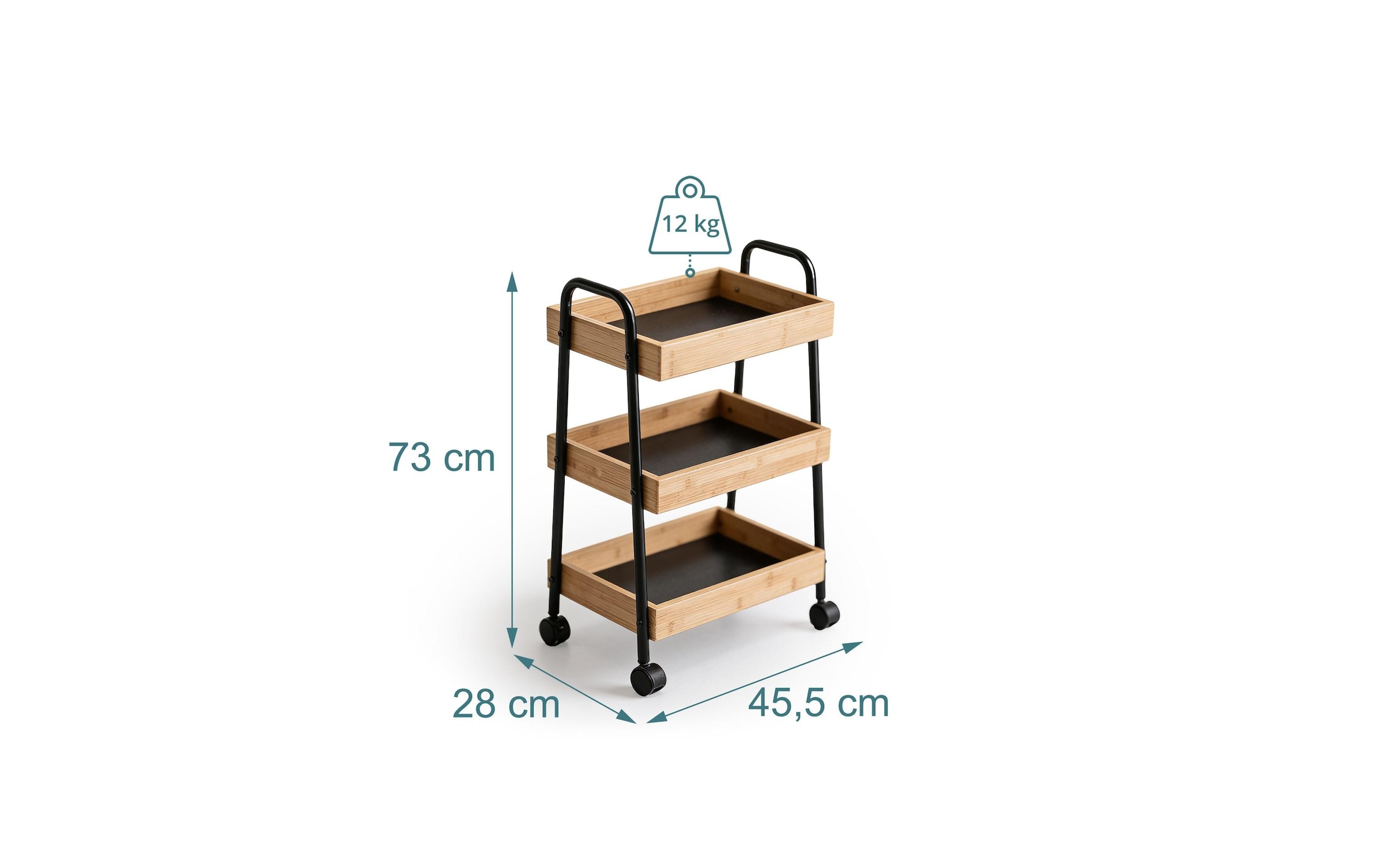 relaxdays Rollwagen »Bambus & Metall 3 Fächer 73 x 45,5 x 28 cm« Mobiler Küchenwagen mit 3 Ablagen aus Bambus und Metall