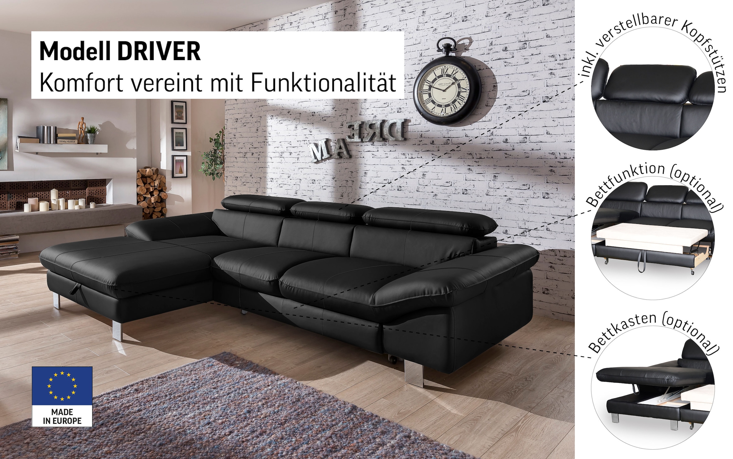 COTTA Canapé d'angle »Driver L-Form« mit Kopfteilverstellung, wahlweise mit Bettfunktion & Bettkasten