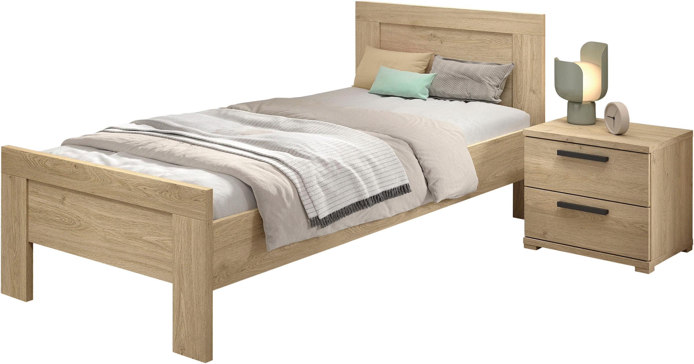 Vipack Set de chambre d'adolescent »SAM - Bett und Nachtkonsole, gradliniges Design in wohnlichem Dekor« Tiroirs sur coulisses métalliques offrant du rangement au lit, 2 pièces tlg. surface facile d'entretien, finition décor chêne
