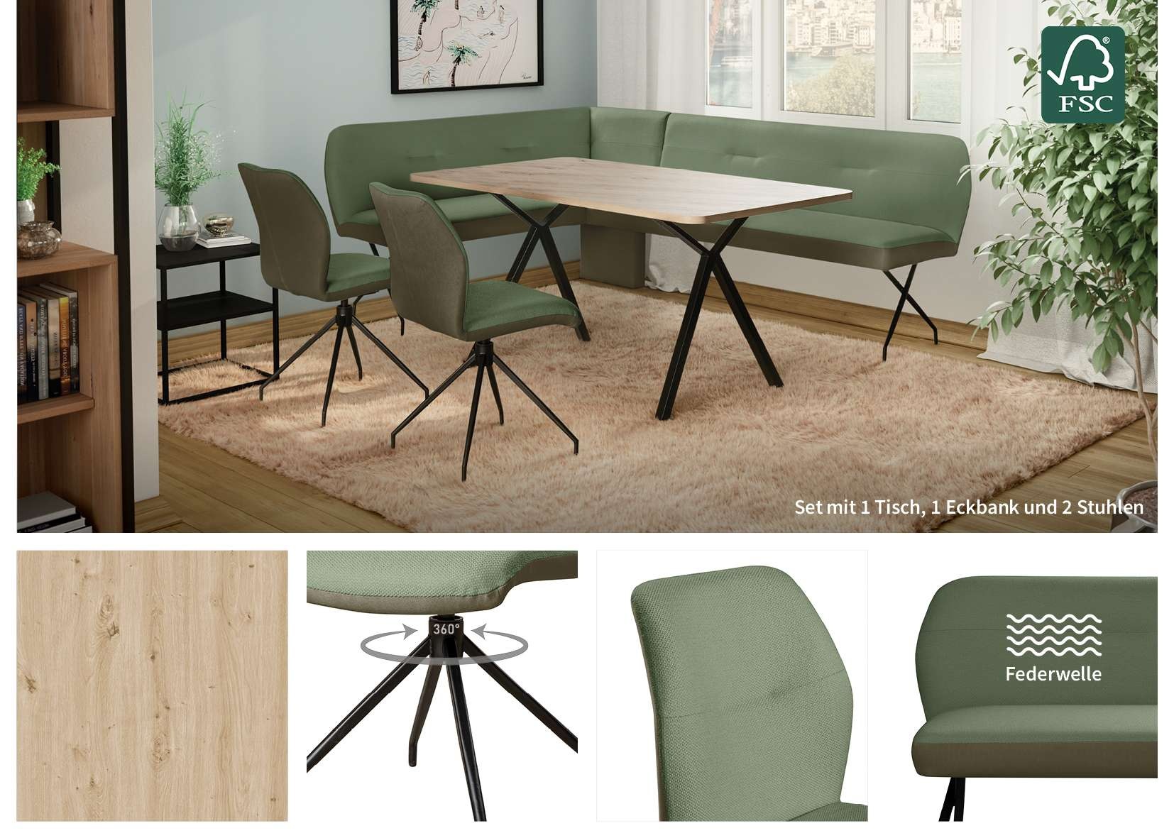 GOODproduct Eckbankgruppe »Bruna Essecke, Sitzgruppe, Eckbankgruppe, Küchenbankgruppe« Set, 4tlg, 4 tlg. tlg. Stuhl: 360° drehbar (Rückst.), 2-Stoff-Design. Wellenfederung Eckbank
