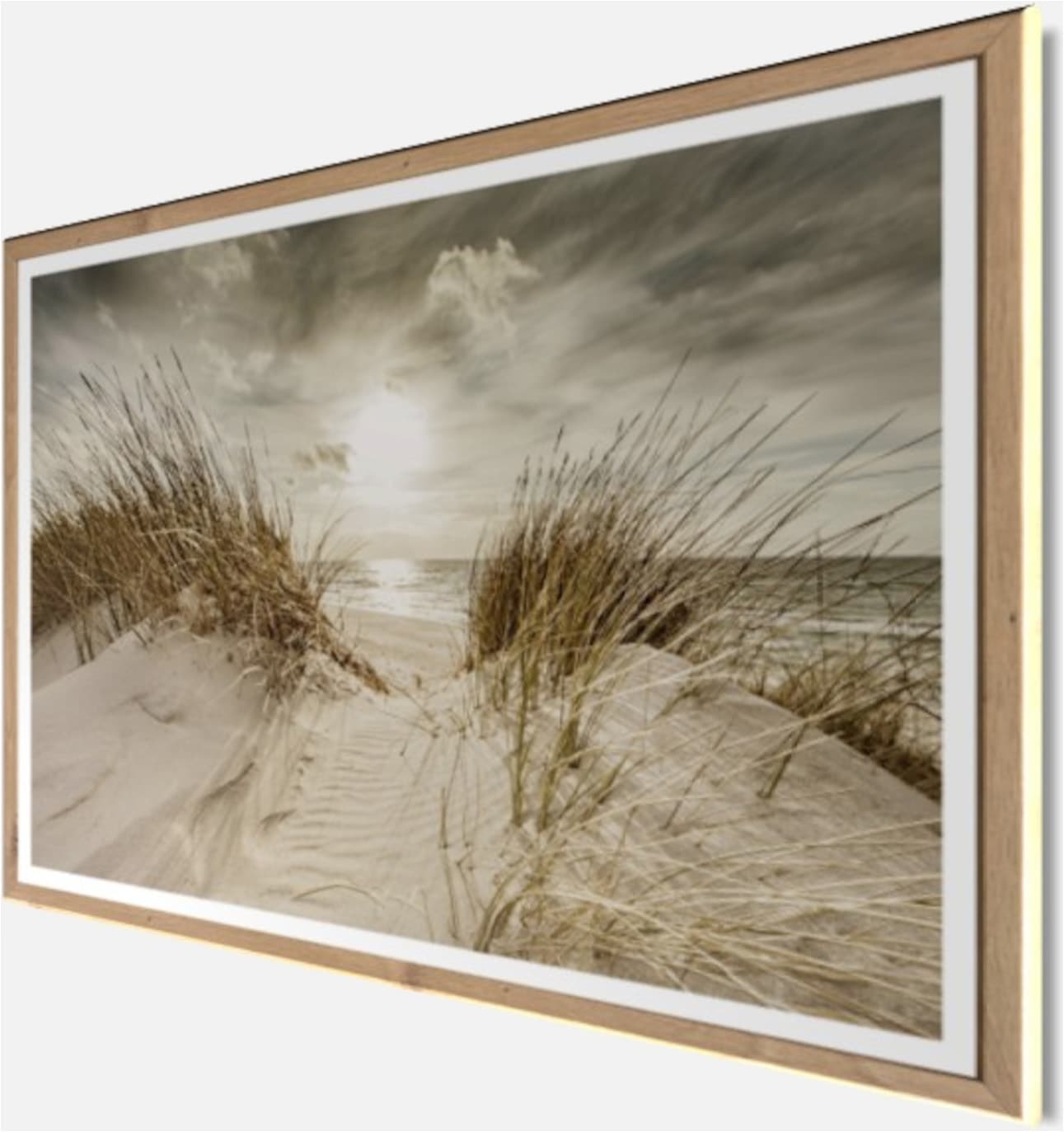 Bönninghoff Tableau avec cadre »Wandbild gerahmt STRANDSONNE 50x70 cm – Maritime Wanddeko Dünen« Côte | Dune | Herbes | Lever et coucher du soleil | Mer | Nature | Paysage | Plage 1 cuis tlg. avec cadre décoratif