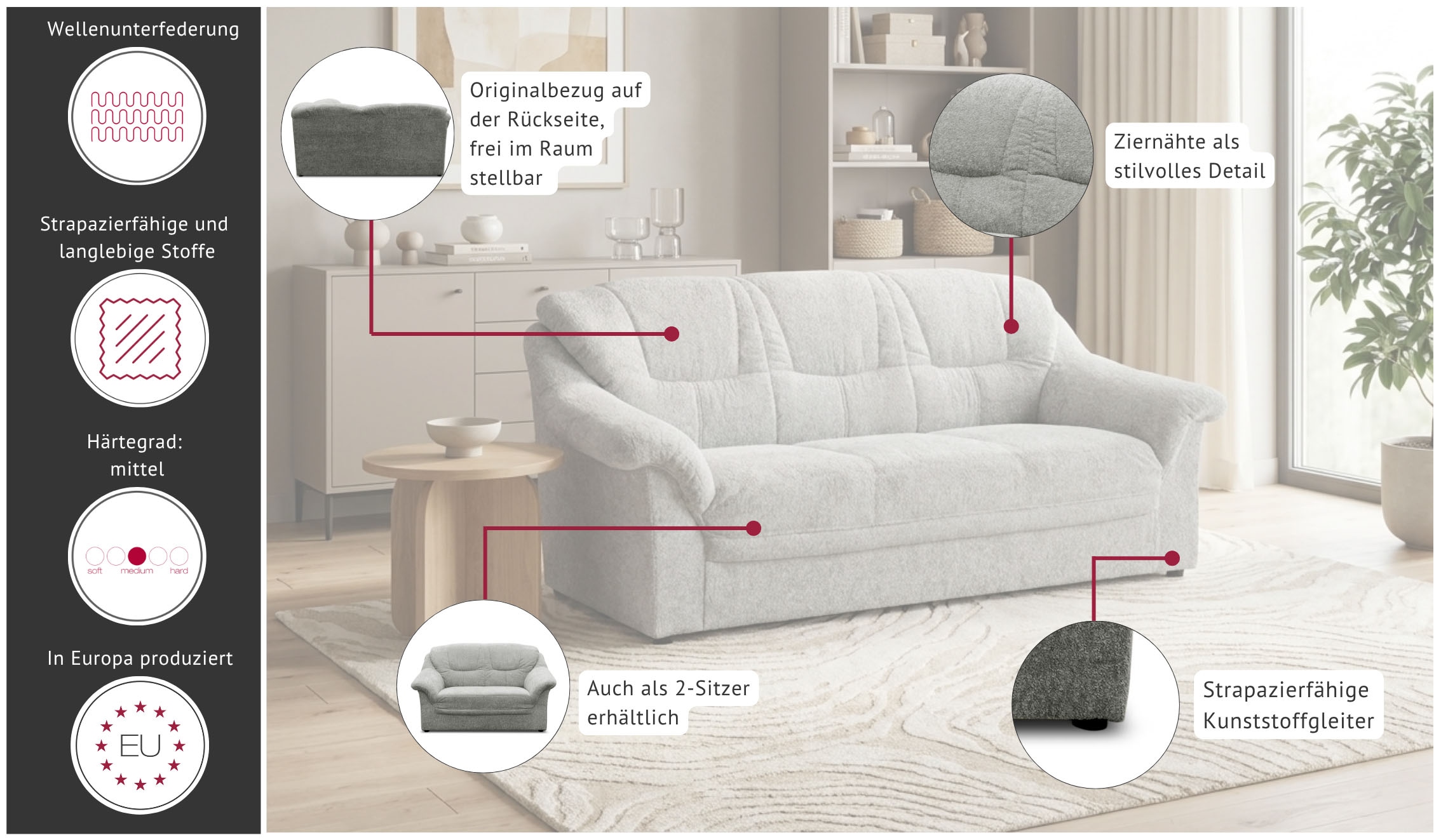 GOODproduct 3-Sitzer »Nyborg 184 cm breit, pflegeleicht, formschön, stabil« aus pflegeleichtem, weichem Luxus-Microfaser