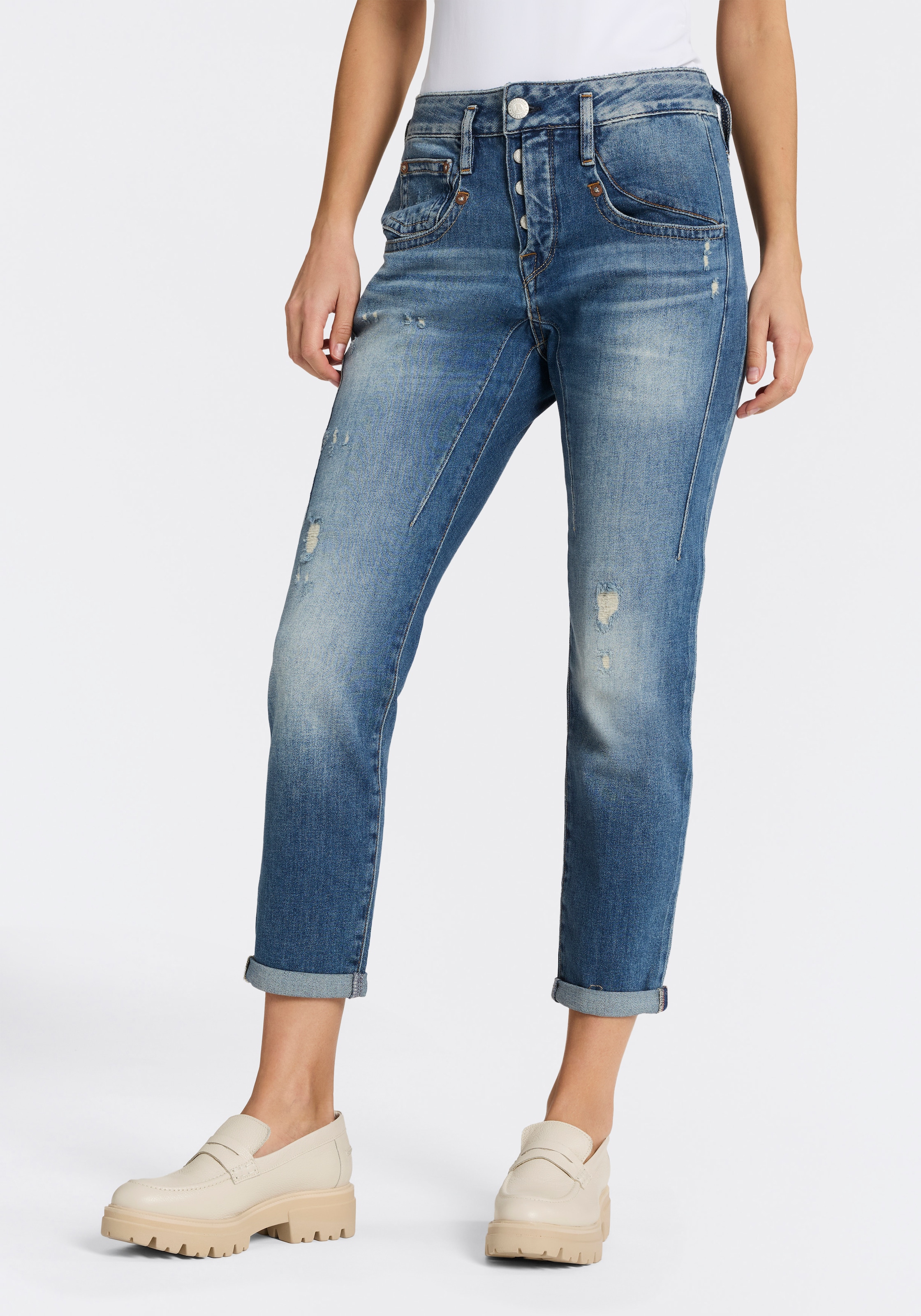 Herrlicher Jeans boyfriend »Shyra Cropped Denim Stretch« mit Abnähern, Umschlagsaum