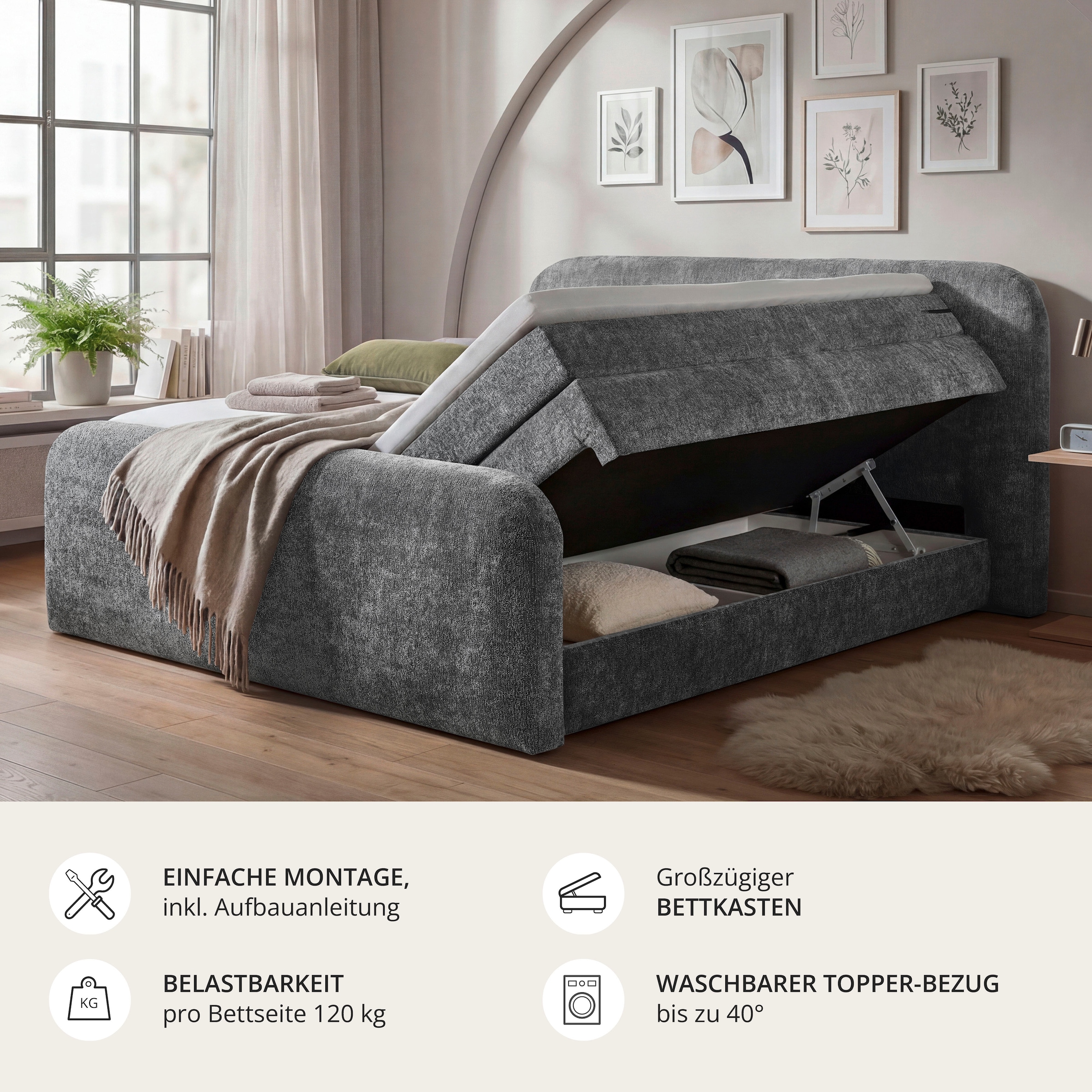 ED EXCITING DESIGN Boxspringbett »AROSA in der Breite 180cm, inkl. Bettkasten und Topper« inkl. Fussteil, in verschiedene Farben erhältlich