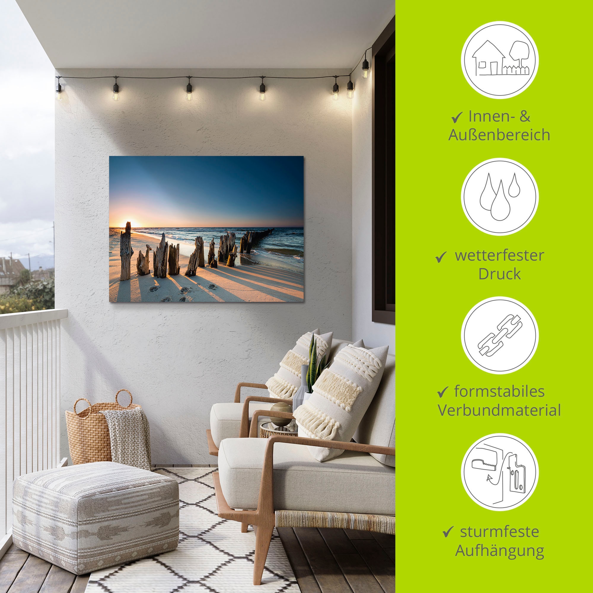 Artland Wandbild »Sonnenuntergang Strand Wellenbrecher« Meer Bilder 1 Stk. tlg. als Alubild, Leinwandbild in verschied. Grössen