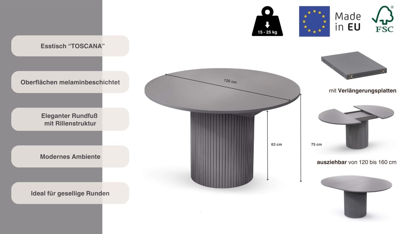 Woodman Table de salle à manger »Toscana« Breite 120 cm, melaminbeschichtet, mit Verlängerungsplatten, FSC®
