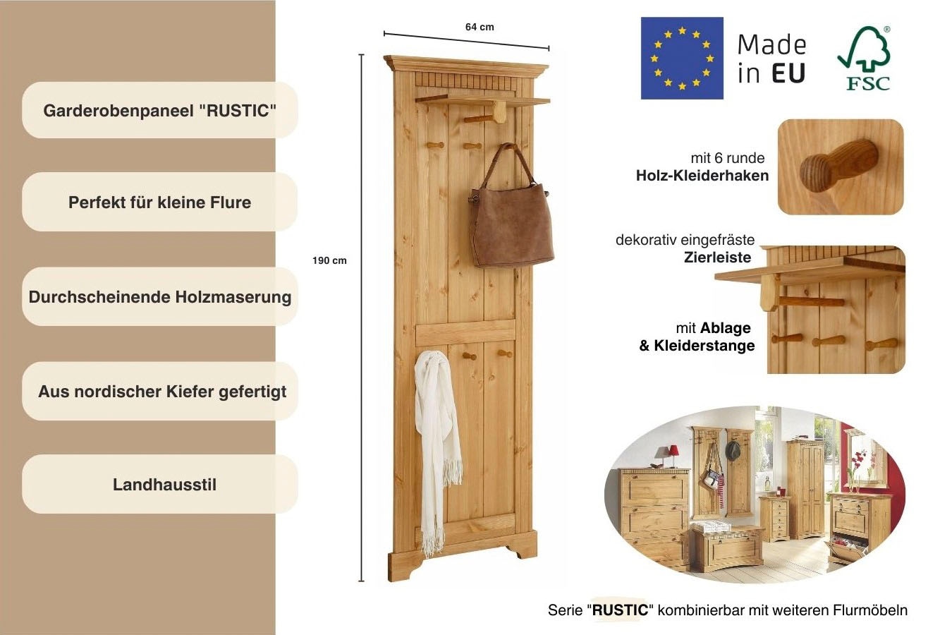 GOODproduct Panneau de vestiaire »Rustic« aus massiver Kiefer, Höhe 190 cm, mit Ablage, Holzhaken