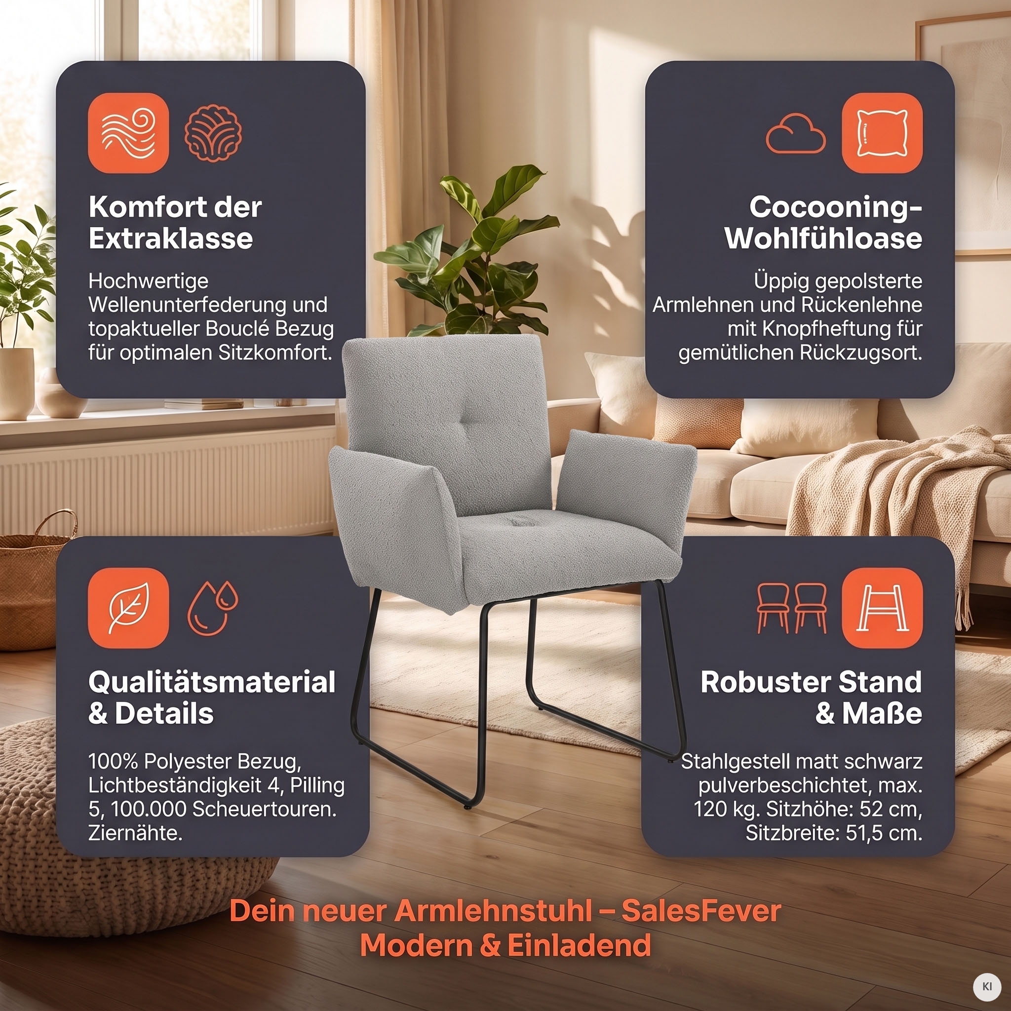 SalesFever Chaise avec accoudoirs »Komfortabler Esszimmerstuhl mit Stil« () avec suspension à ressort ondulé