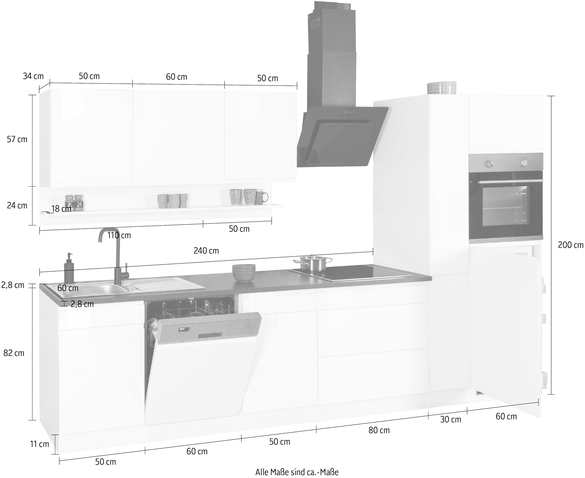 KOCHSTATION Kitchenette »KS-Virginia,neu in verbesserter Ausführung« plan de travail épaisseur 38 mm, rangement, fermeture douce,  largeur 330 cm, soft-close, sans appareils électriques