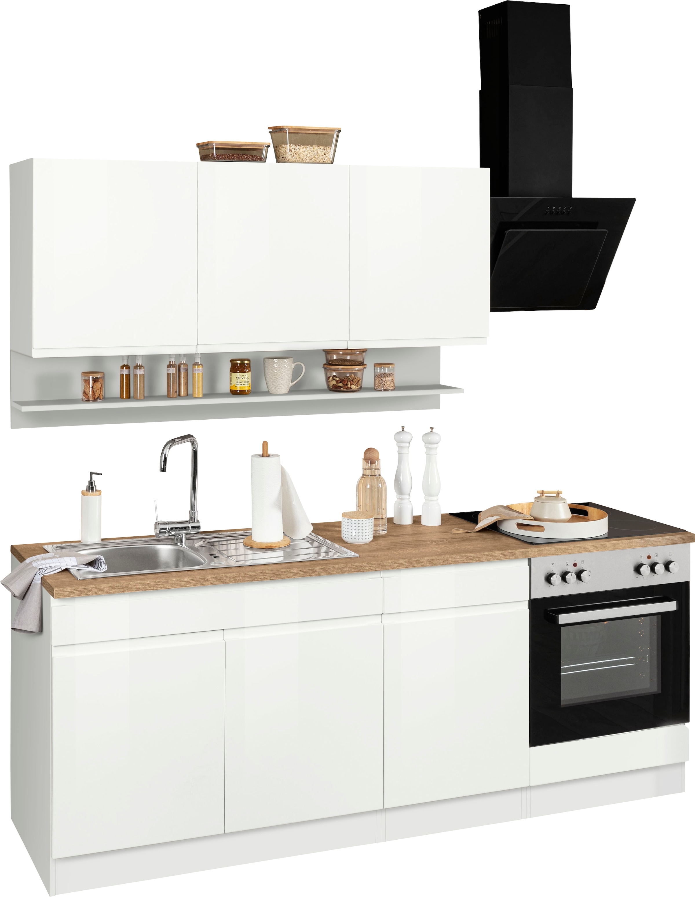 KOCHSTATION Kitchenette »KS-Virginia,neu in verbesserter Ausführung« plan de travail épaisseur 38 mm, rangement, fermeture douce,  21 : largeur 210 cm, fermeture en douceur, option avec appareils électriques