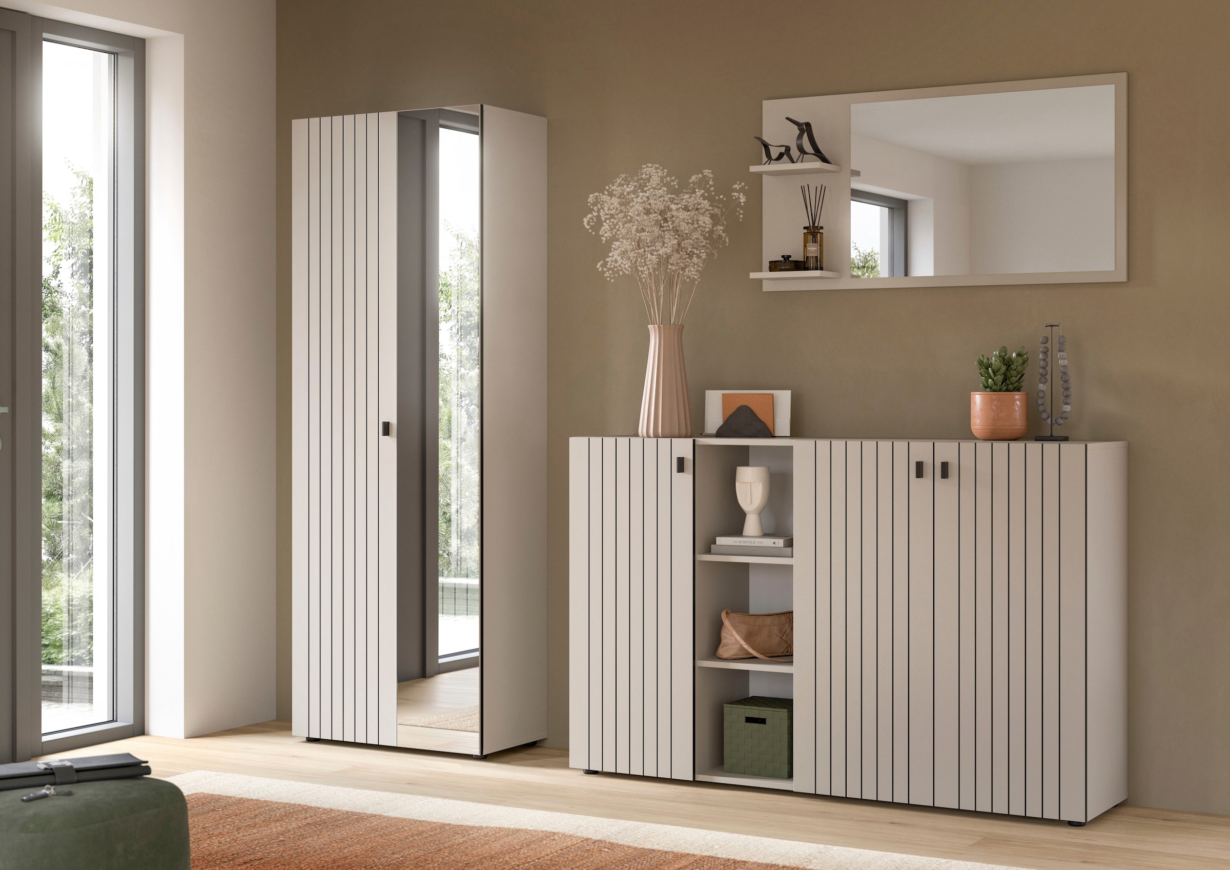 Home affaire Ensemble de vestiaires »TATIO, 3-tlg. Garderobenkombination, Breite: 235 cm, Rillenfräsung« Set, Set, best. aus: 1 Garderobenschrank, 1 Garderobenspiegel, Schuhkommode, 3 cuis tlg.