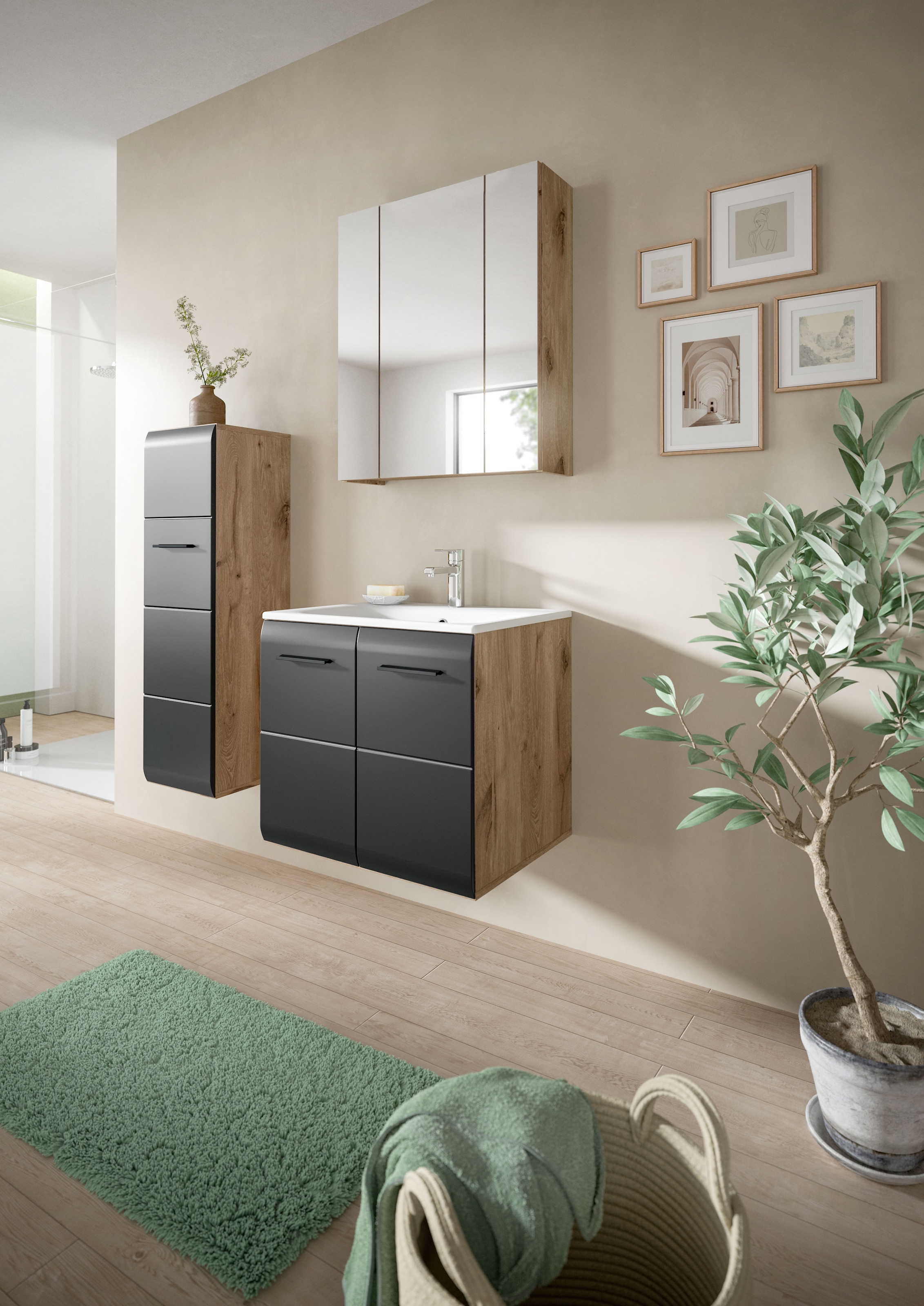 INOSIGN Armoire de rangement 1 cuis tlg. Florenz, Badschrank Nox Oak NB, 106 cm hoch, 4 Fächer