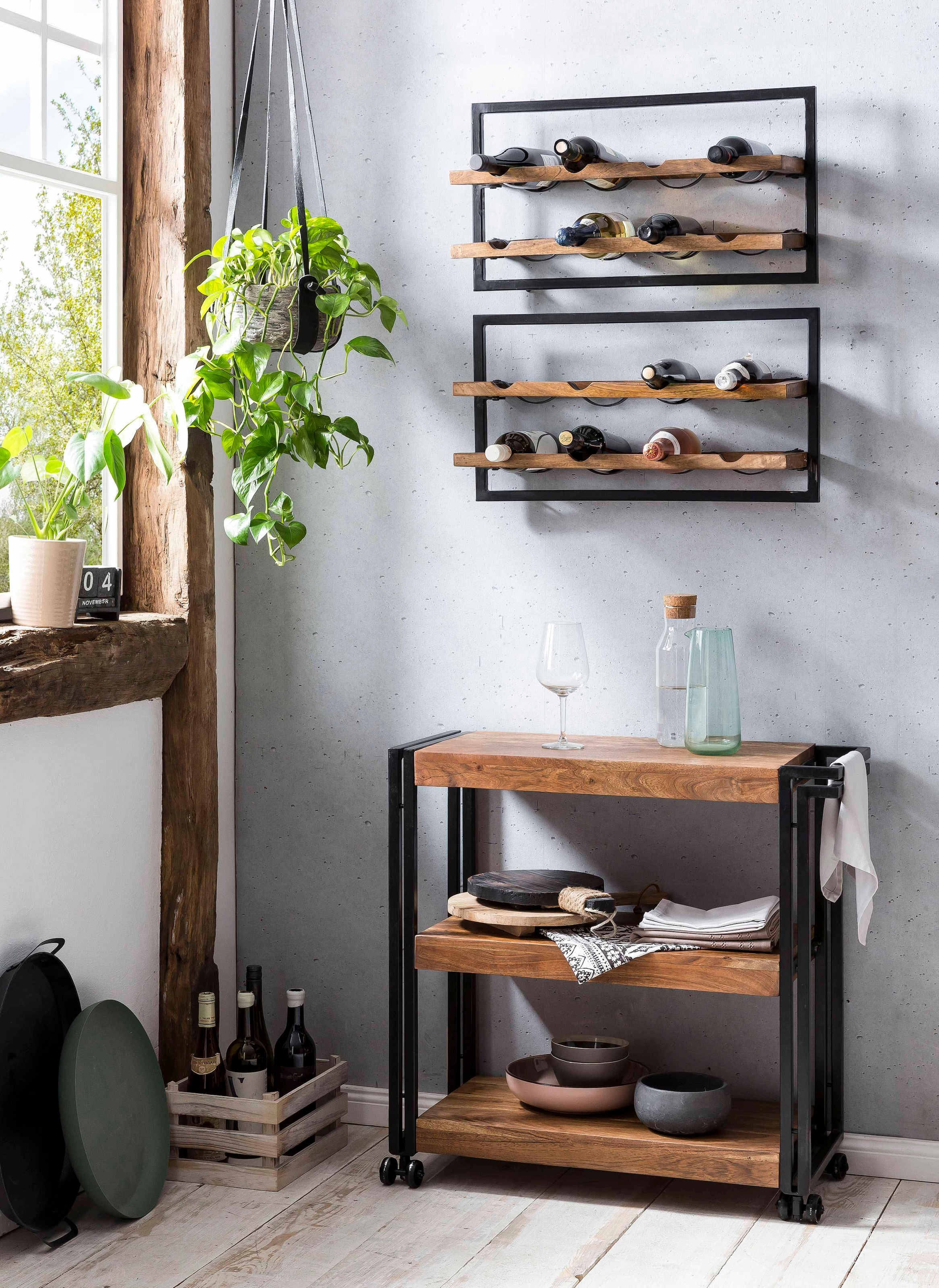 SIT Étagère à vin »Wandregal PANAMA – Industrial Regal aus Mango‑Holz & Altmetall« casier à vin pour 8 bouteilles