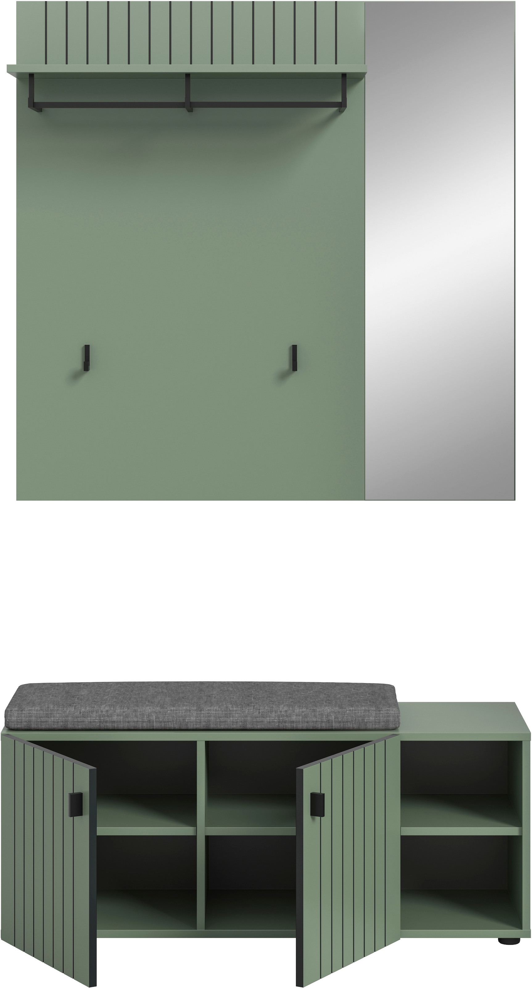 Home affaire Ensemble de vestiaires »TATIO, 3-tlg. Garderobenkombination, Breite: 106 cm, Rillenfräsung« Set, Set, best. aus: 1Paneel, 1 Garderobensitzbank inkl. Kissen, 3 cuis tlg.