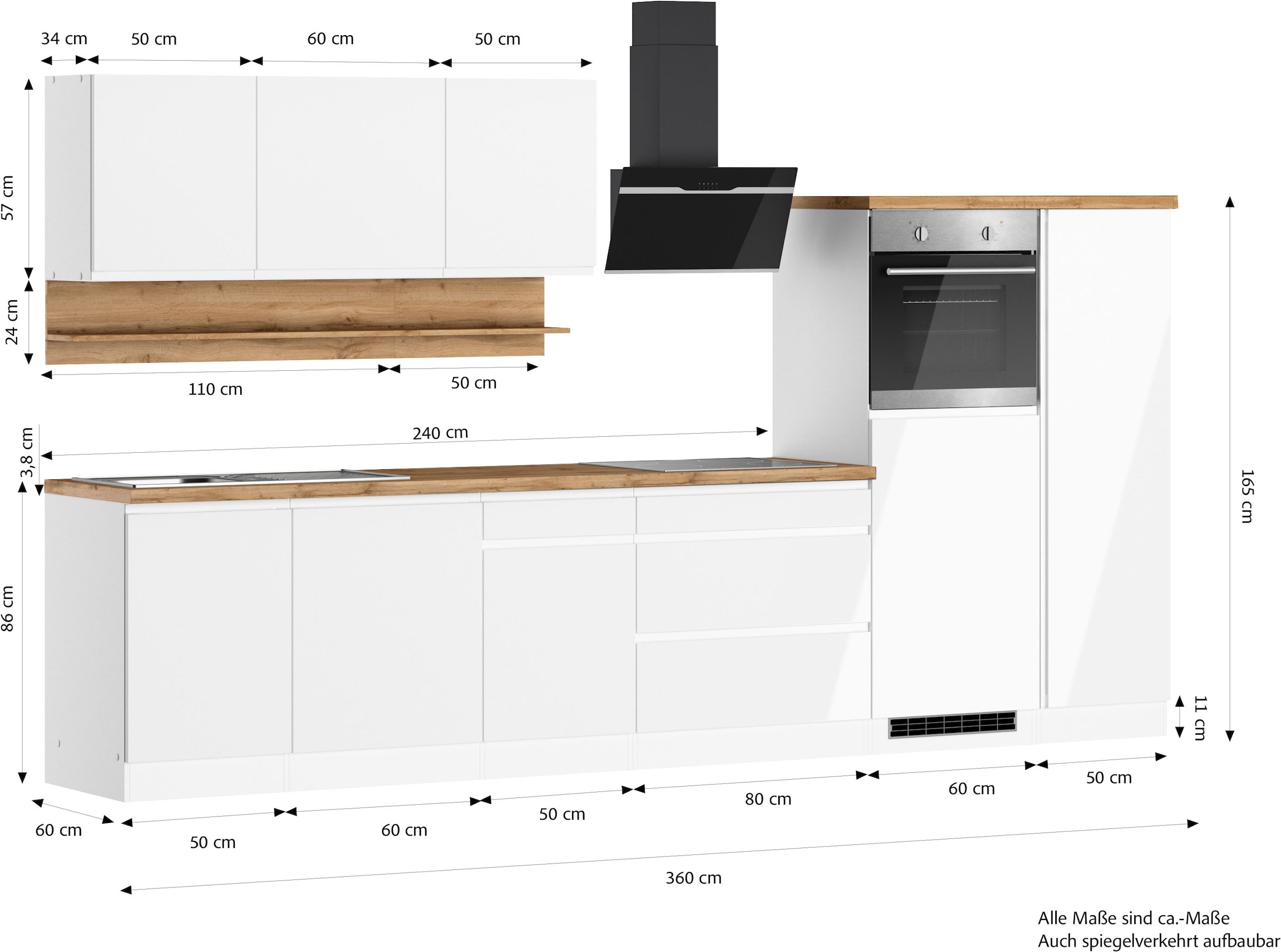 KOCHSTATION »KS-Virginia,neu in verbesserter Ausführung« plan de travail épaisseur 38 mm, rangement, fermeture douce,  largeur 350 cm, soft-close, sans appareils électriques