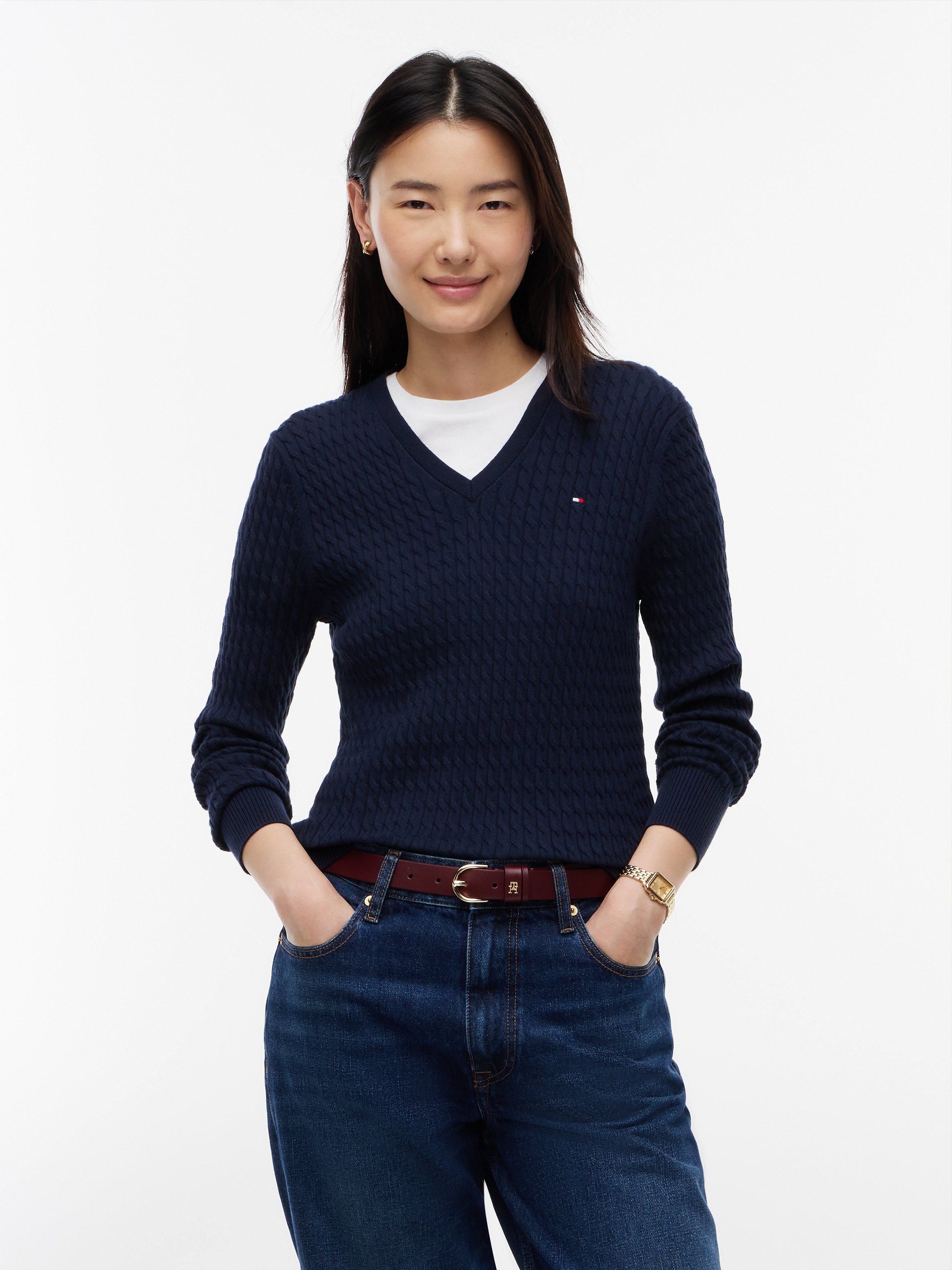 Tommy Hilfiger Pull en tricot »CO CABLE FINE GG V-NK LS SWT« coton, avec motif torsadé