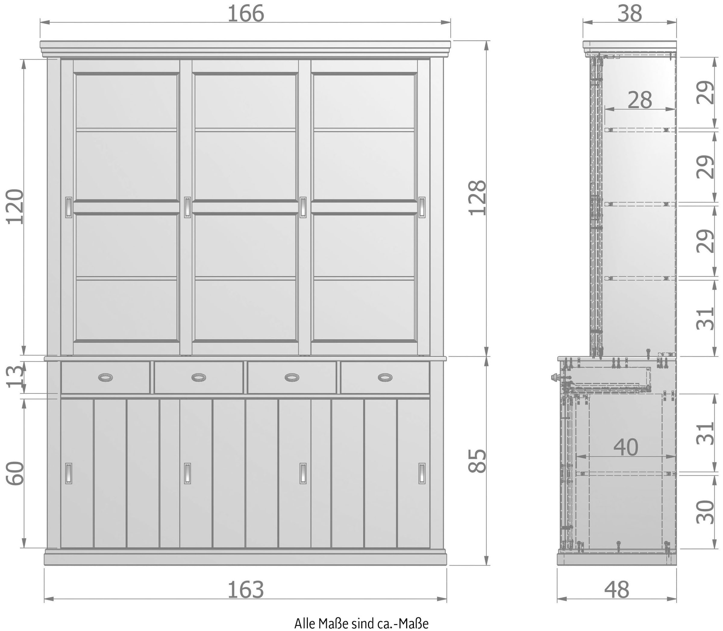 WOOOD Buffet »Lagos mit FSC® Massivkiefer und Glastüren B 166 x T 48 x H 215 cm« Tragkraft 10 kg, inkl. Sicherheitsglas, 2-teilige Konstruktion