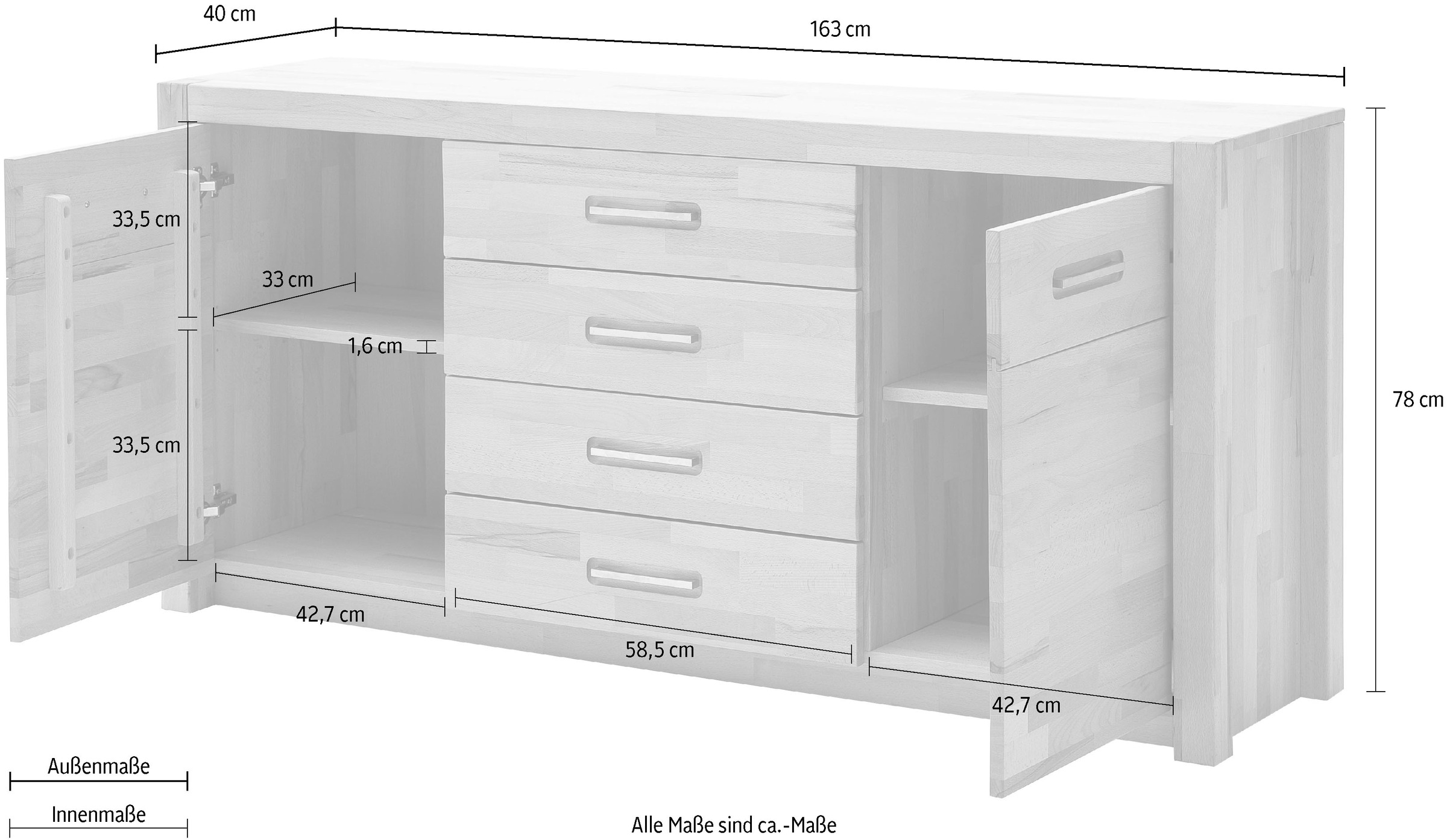MCA living Sideboard »Fenja« 1 Stk. tlg. Massivholz, 4 Schubkästen, 2 Türen