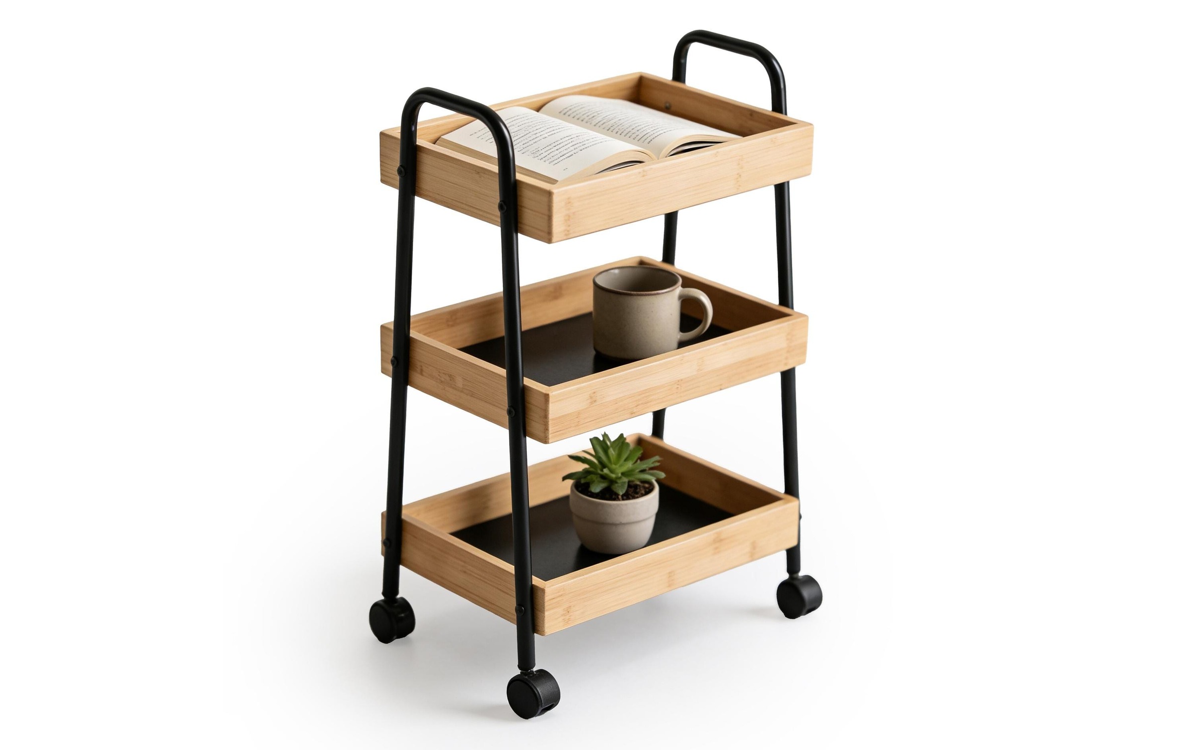 relaxdays Rollwagen »Bambus & Metall 3 Fächer 73 x 45,5 x 28 cm« Mobiler Küchenwagen mit 3 Ablagen aus Bambus und Metall