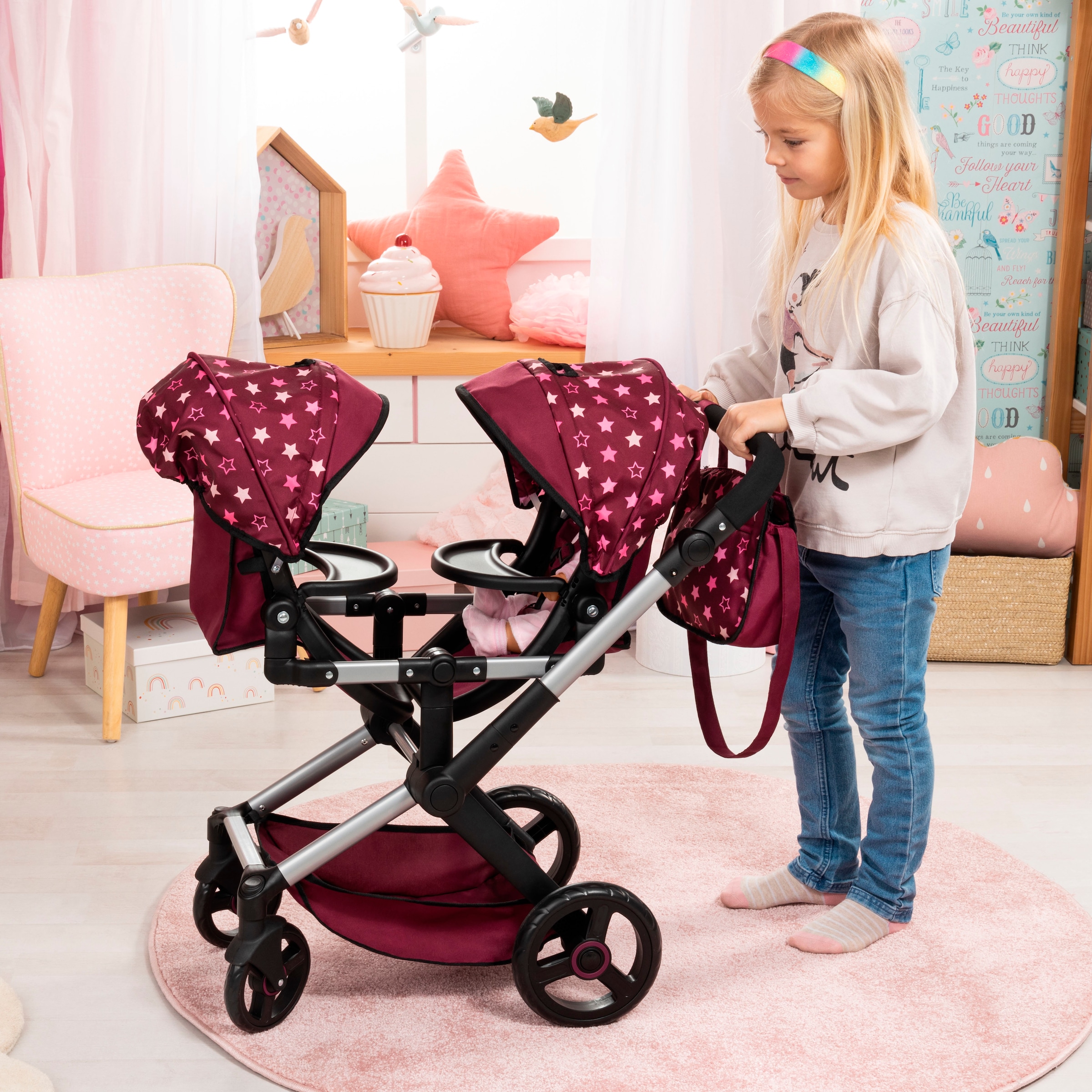 Bayer Puppen-Zwillingsbuggy »Xeo Twin bordeaux« mit Wickeltasche