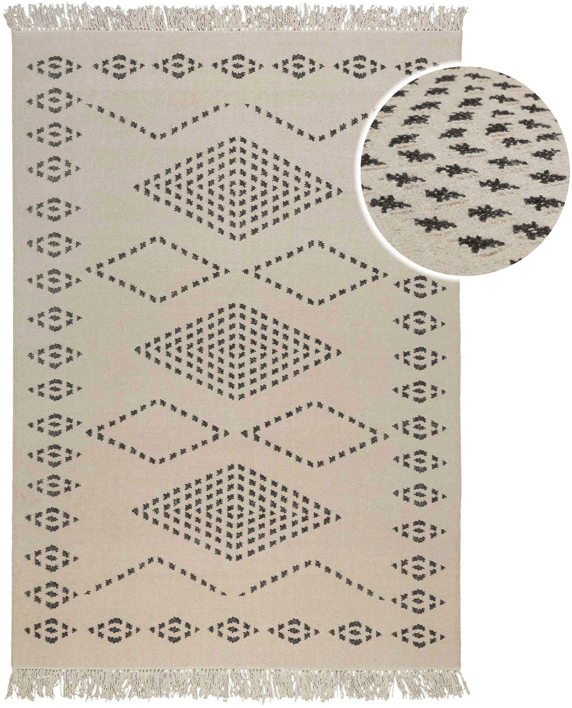 Green Looop Tapis en laine »Belmont« Rectangulaire 5 mm Höhe Fransen, Kelim, handgewebt, Natur, Wohnzimmer, Schlafzimmer, Raute