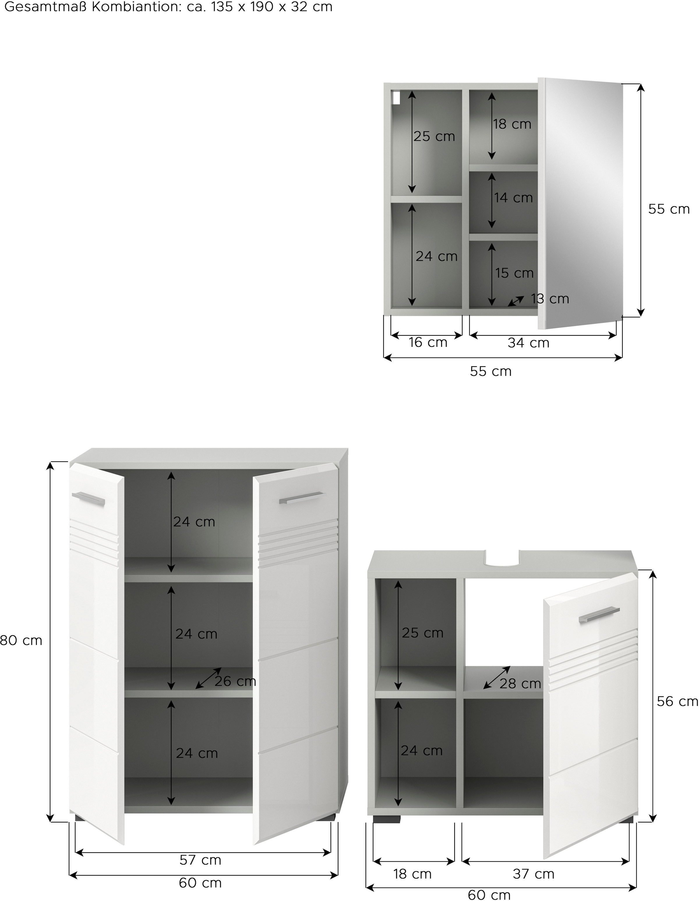 welltime Badmöbel-Set »Calicio, bestehend aus: Midischrank, Waschbeckenunterschrank,« 3 Stk. tlg.