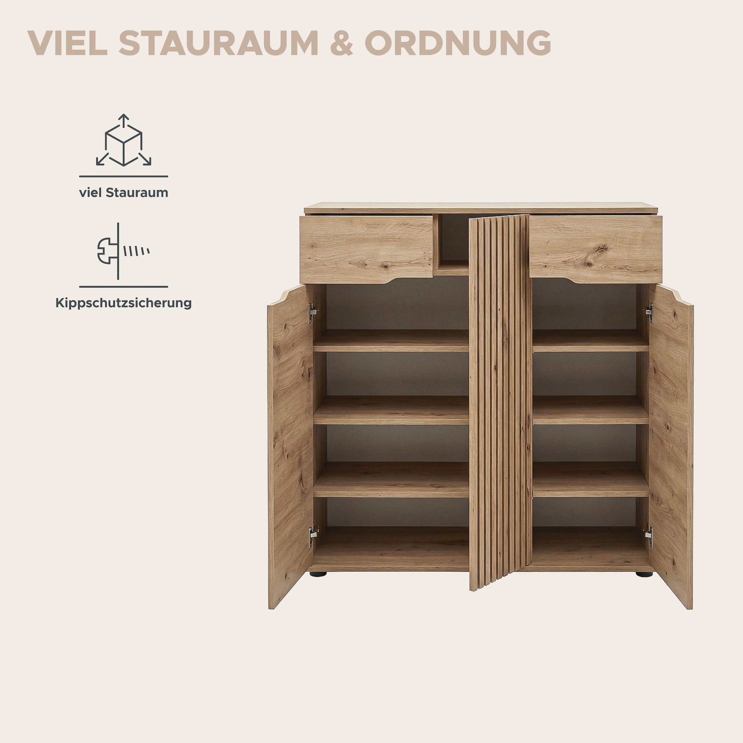 GOODproduct Commode à chaussures »FJELL, Breite 104cm, 3 Türen, 2 Schubkästen, 6 Einlegeböden, 9 Fächer« Armoire de rangement, armoire à chaussures, commode, buffet, vaisselier