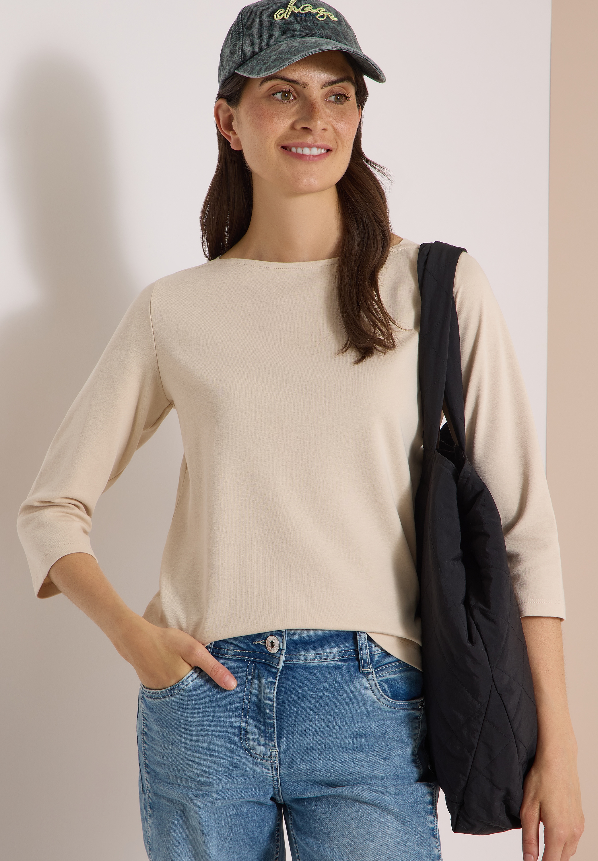 Cecil T-shirt à manches 3/4 col bateau, uni, coton