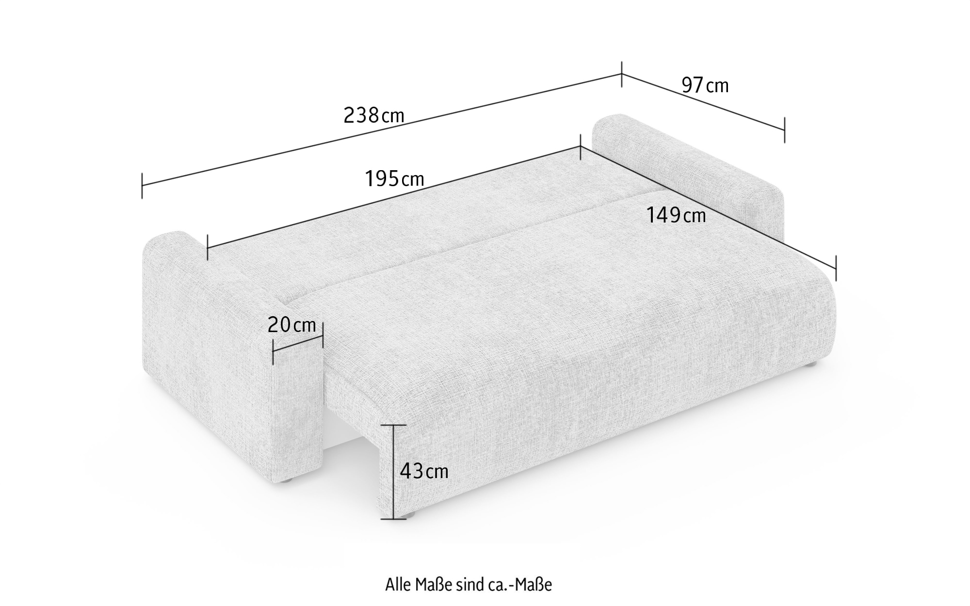 Home affaire Canapé Big »LAKESIDE klein 3-Sitzer Schlafsofa mit Bettkasten, Breite 238 cm« Liegefläche 149x195 cm, hoher Sitzkomfort, Masse B/T/H: 238/98/85cm