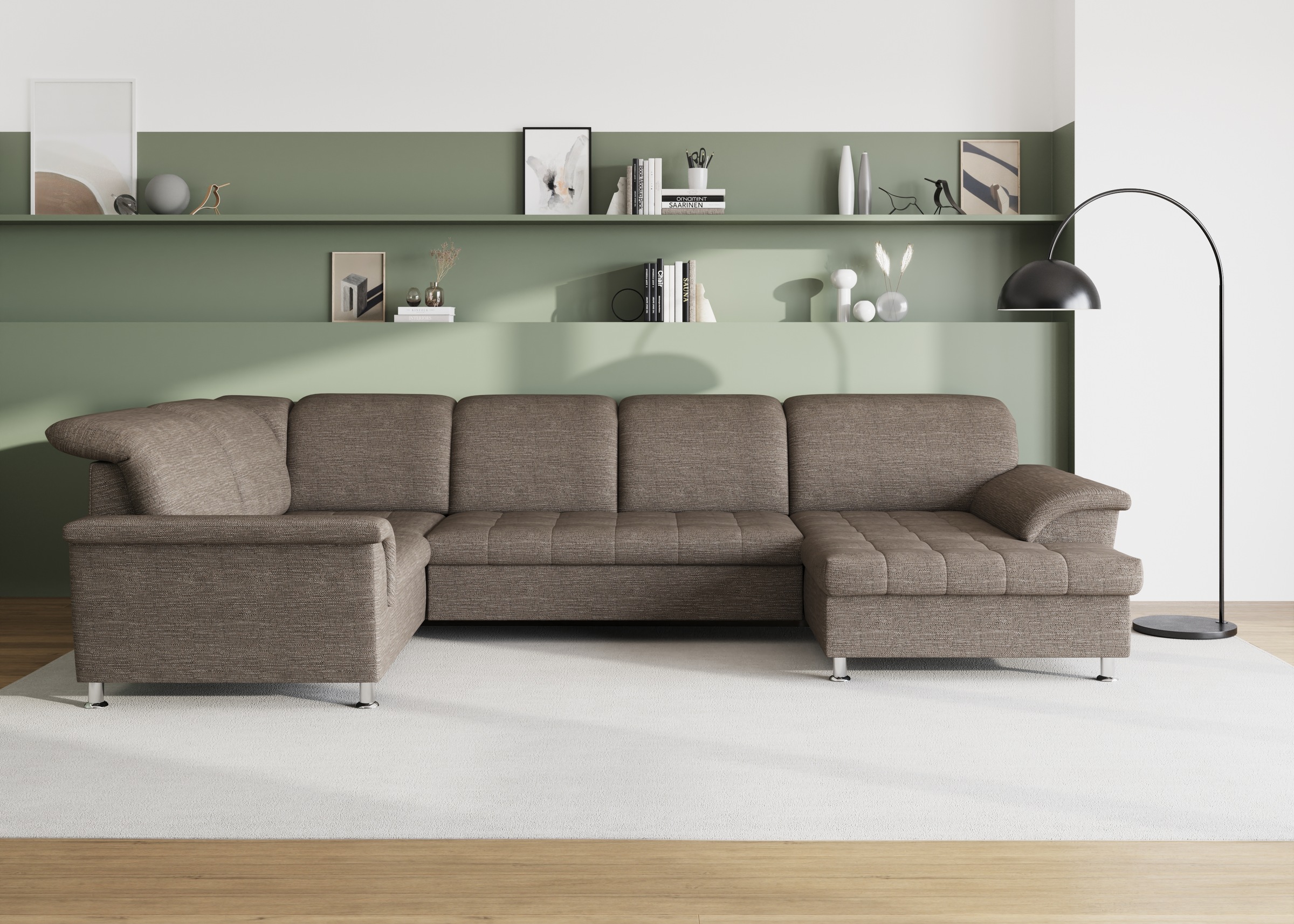 DOMO collection Wohnlandschaft »FRANZI 344x206x81 cm, elegant, komfortabel« U-Form, Recamiere rechts, beige-braun, B/T: 344/206 cm