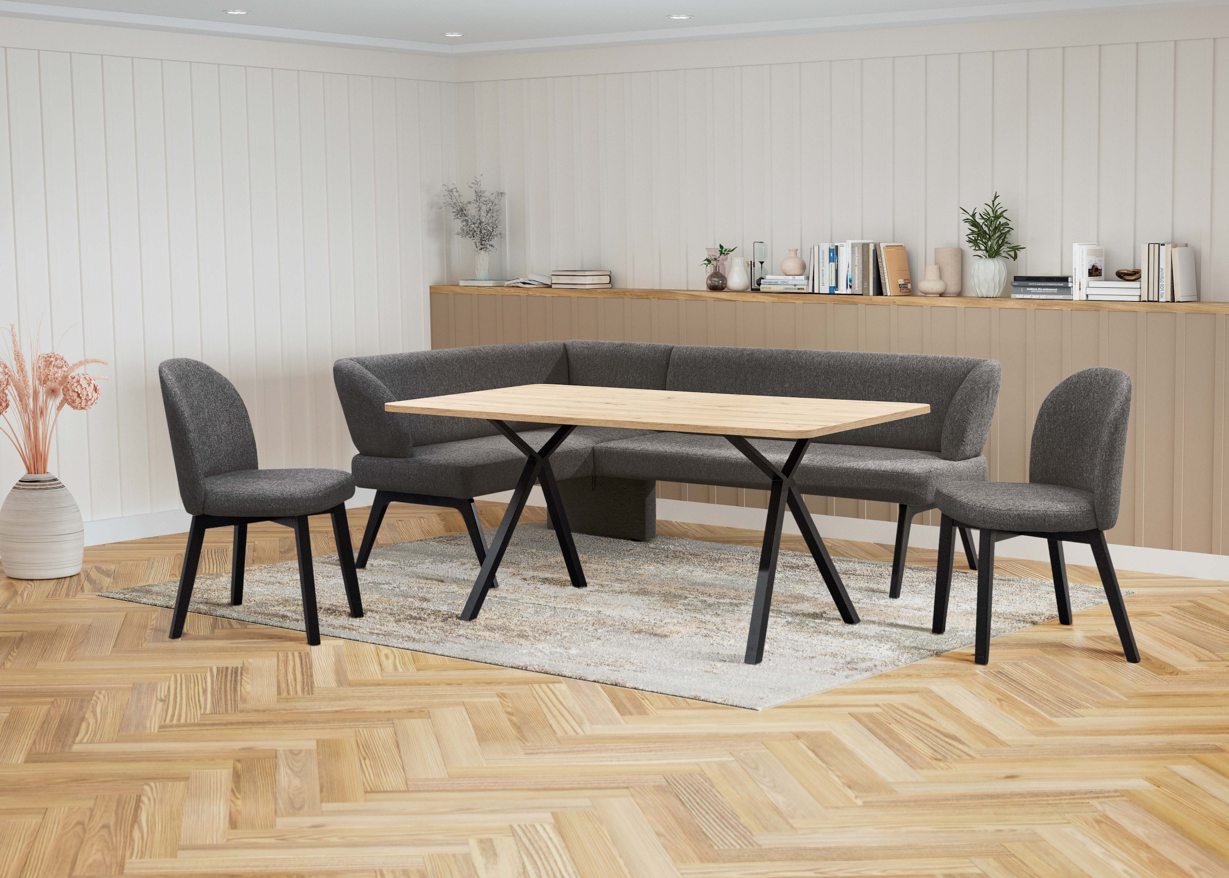 Home affaire Eckbankgruppe »Aretha Essecke, Sitzgruppe, Eckbank, Küchenbank« Set, 4er, 4 Stk. tlg. Esszimmer Sitzgruppe, Tisch, Stühle und Bank gepolstert, Nosagfederung