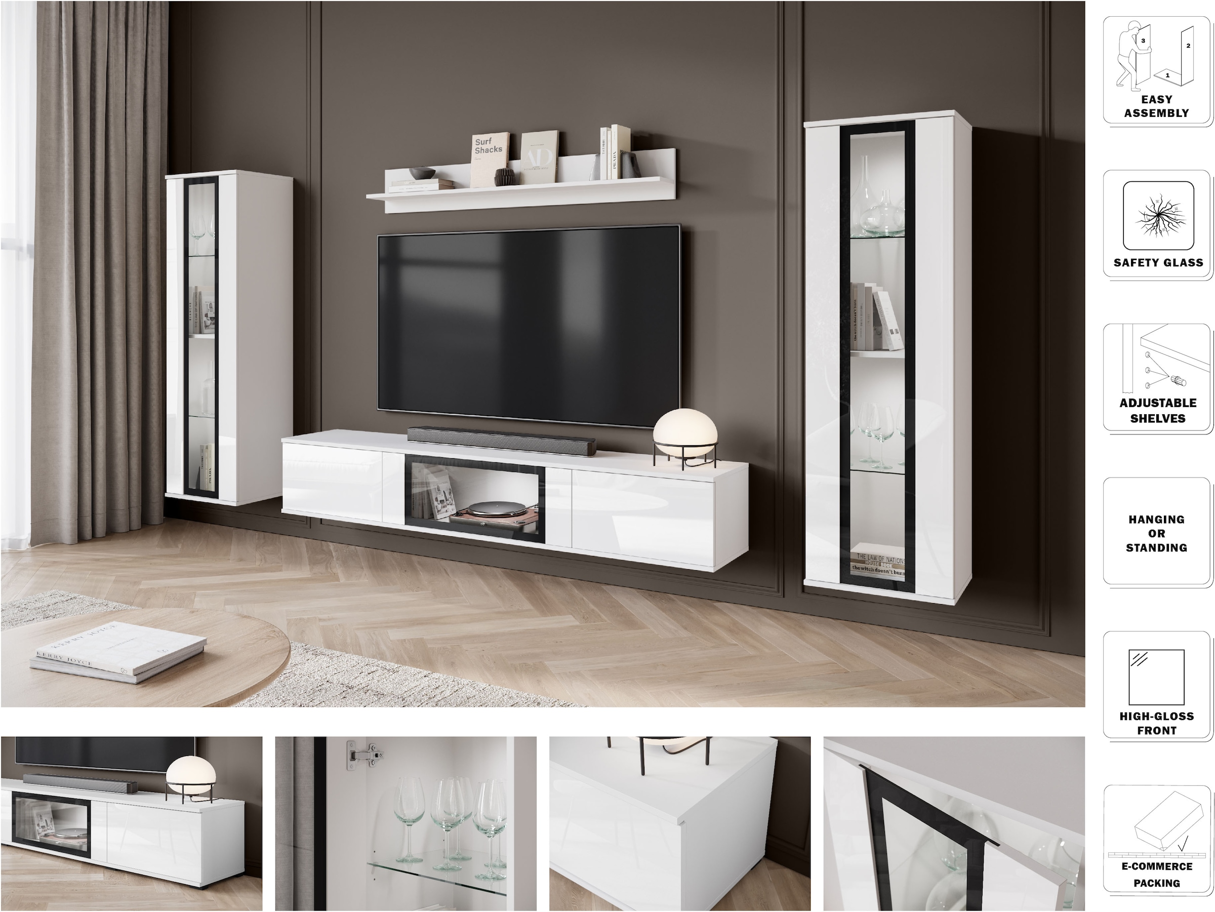 Home affaire Meuble mural »Caro, stehend und hängend montierbar« Ensemble complet, Vitrine avec charnière porte interchangeable gauche/droite, 4 cuis tlg.