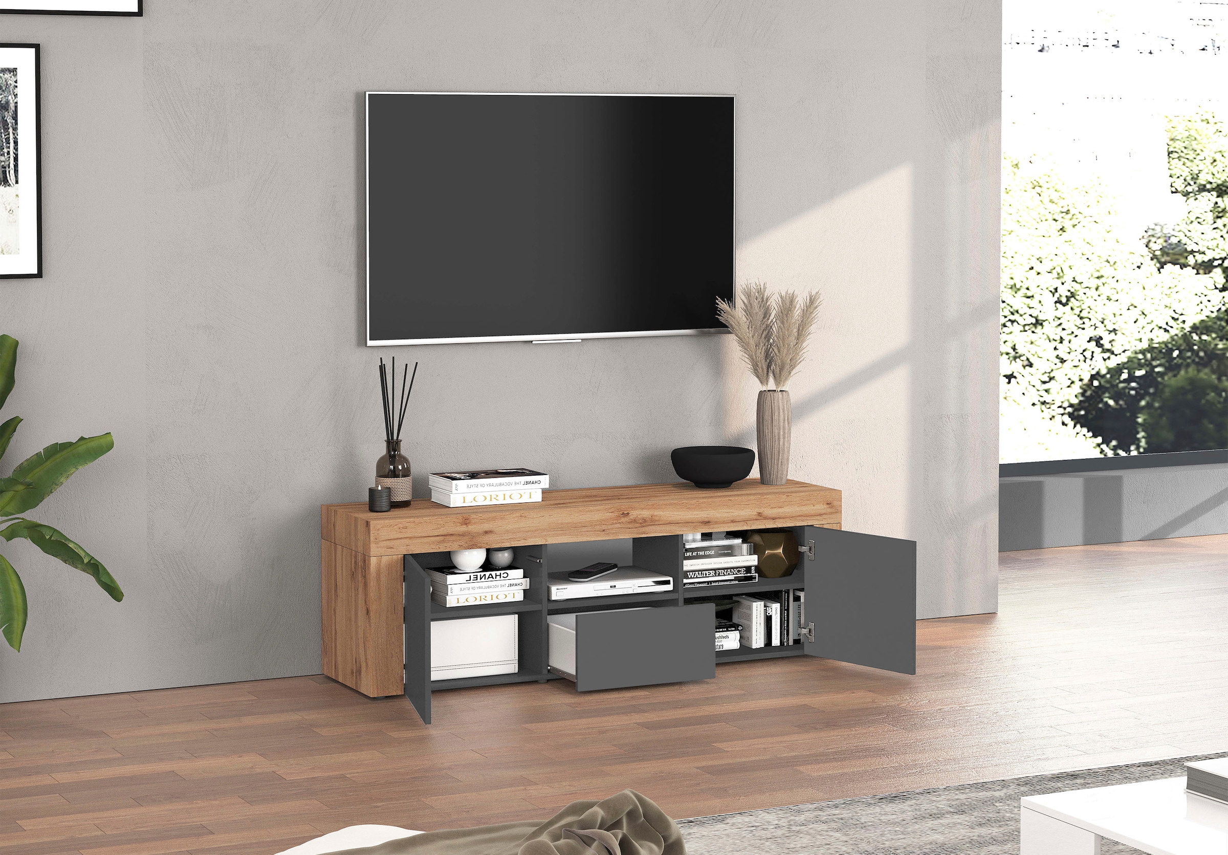 GOODproduct Lowboard »CHRONOS Breite 155 cm mit 2 Türen, 1 Schublade,1 offenes Fach« 1 Stk. tlg. TV-Board, Sideboard niedrig, Grifflos mit Push to Open 'Made in Italy'