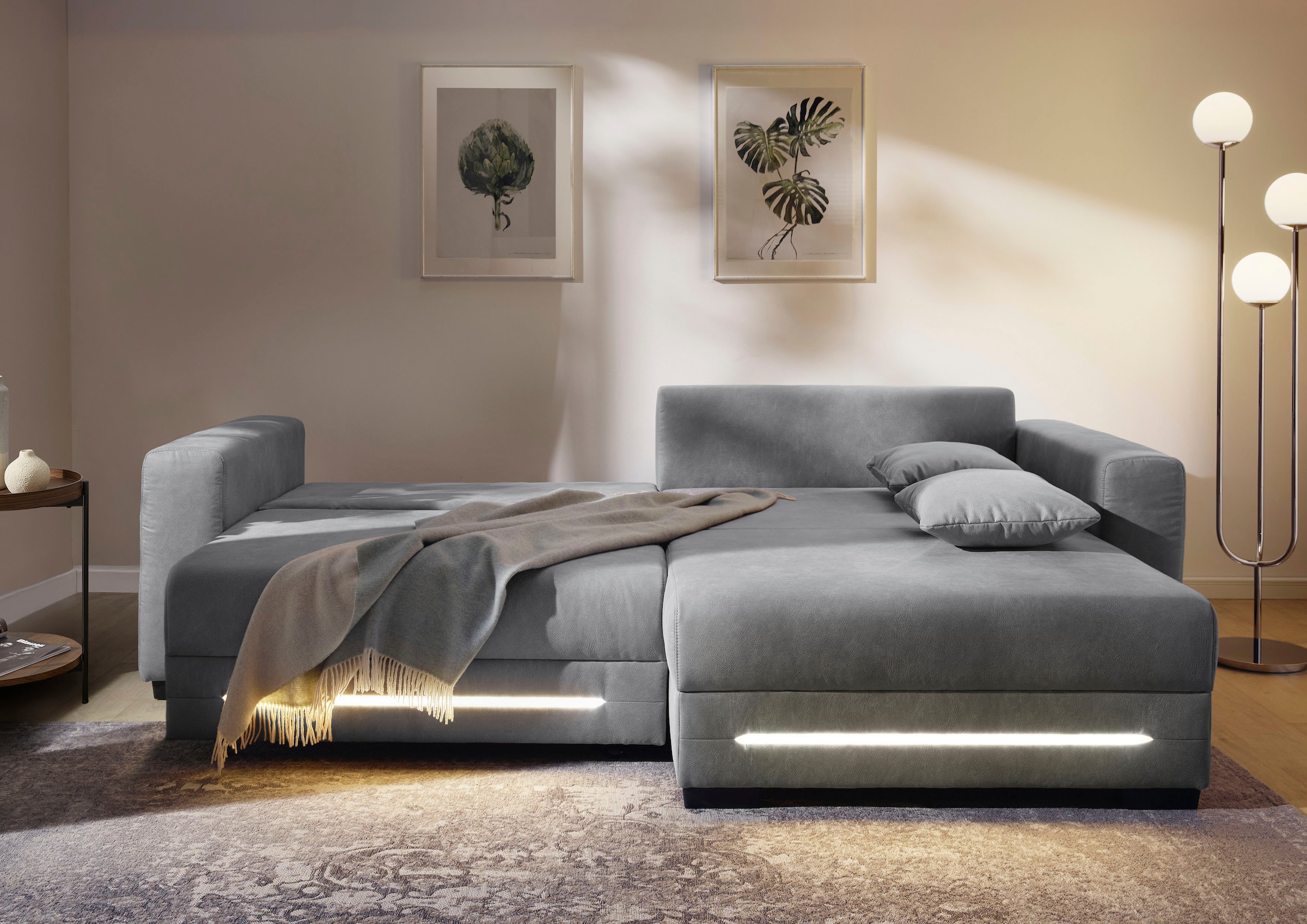 Jockenhöfer Gruppe Ecksofa »Spotlight XL L-Form, B: 261 cm« mit Schlaffunktion, Bettkasten, Licht & 2 Zierkissen
