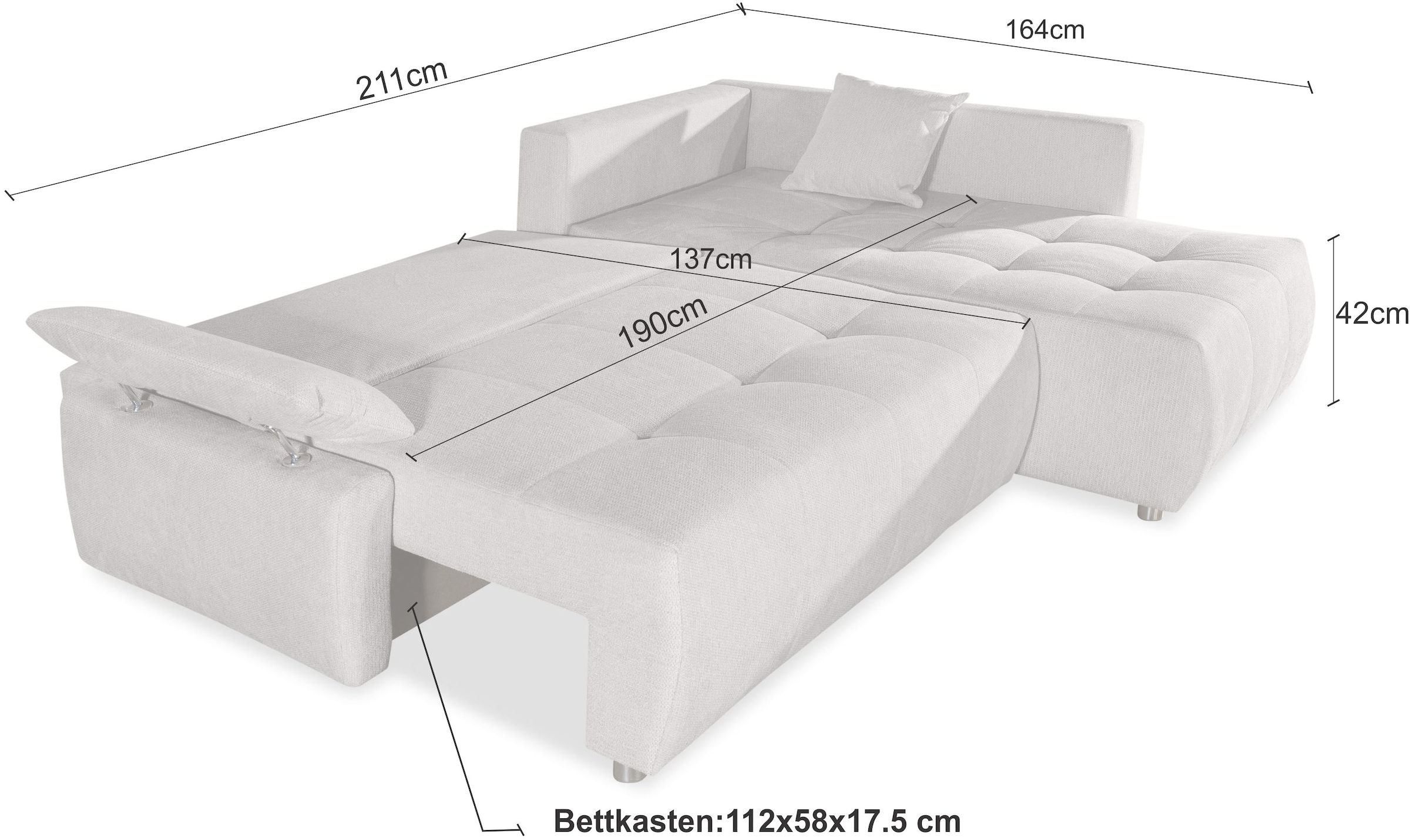 COLLECTION AB Canapé d'angle »Funtastic, Breite 213 cm« avec fonction sommeil, coffre de lit, réglage des accoudoirs et ressorts Bonnell