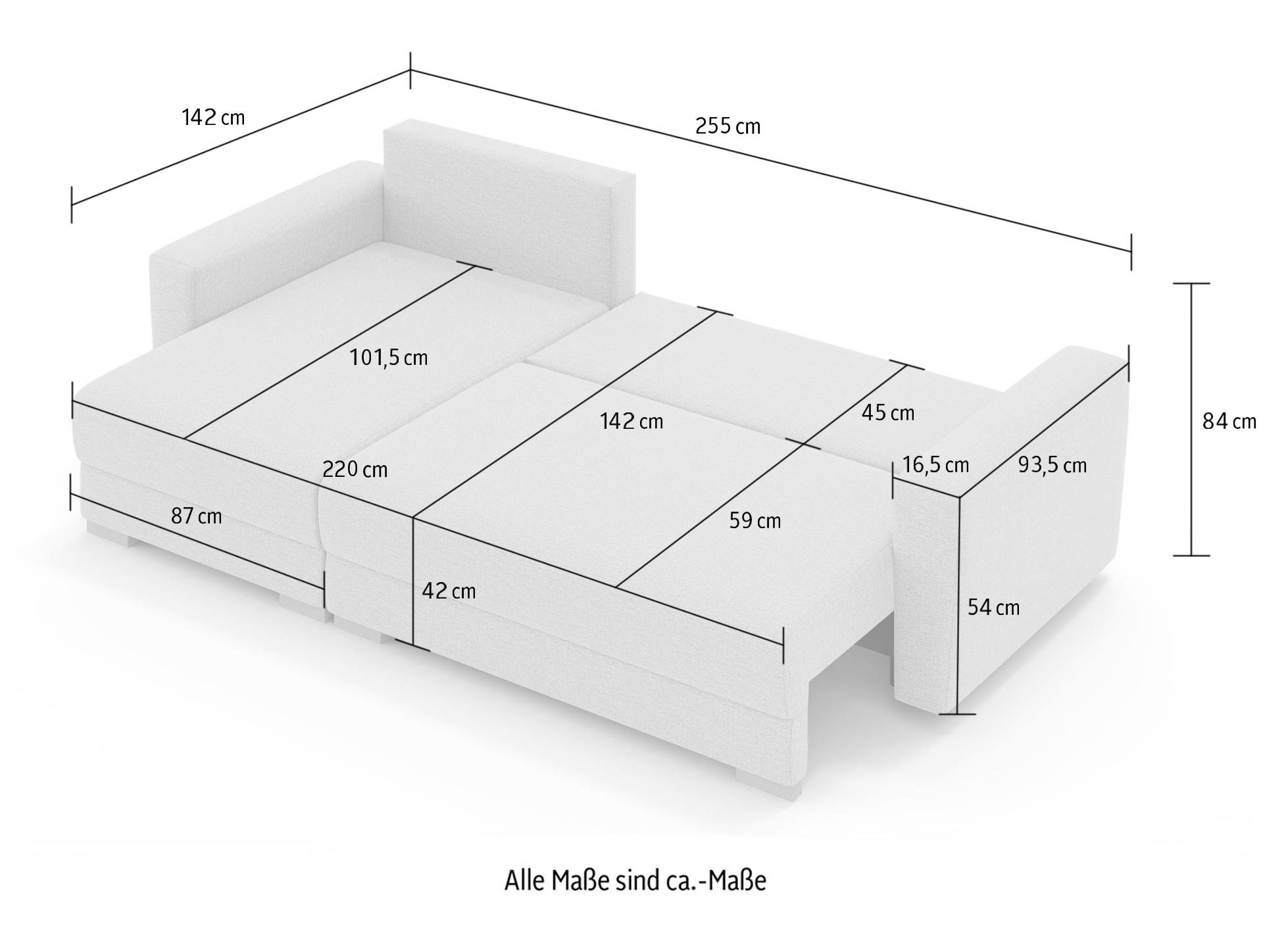 INOSIGN Canapé d'angle »MAGHERA universell Schlafsofa mit Bettkasten, Masse B/T/H: 255/142/84cm« L-Form mit Recamiere rechts oder links montierbar, hoher Sitzkomfort