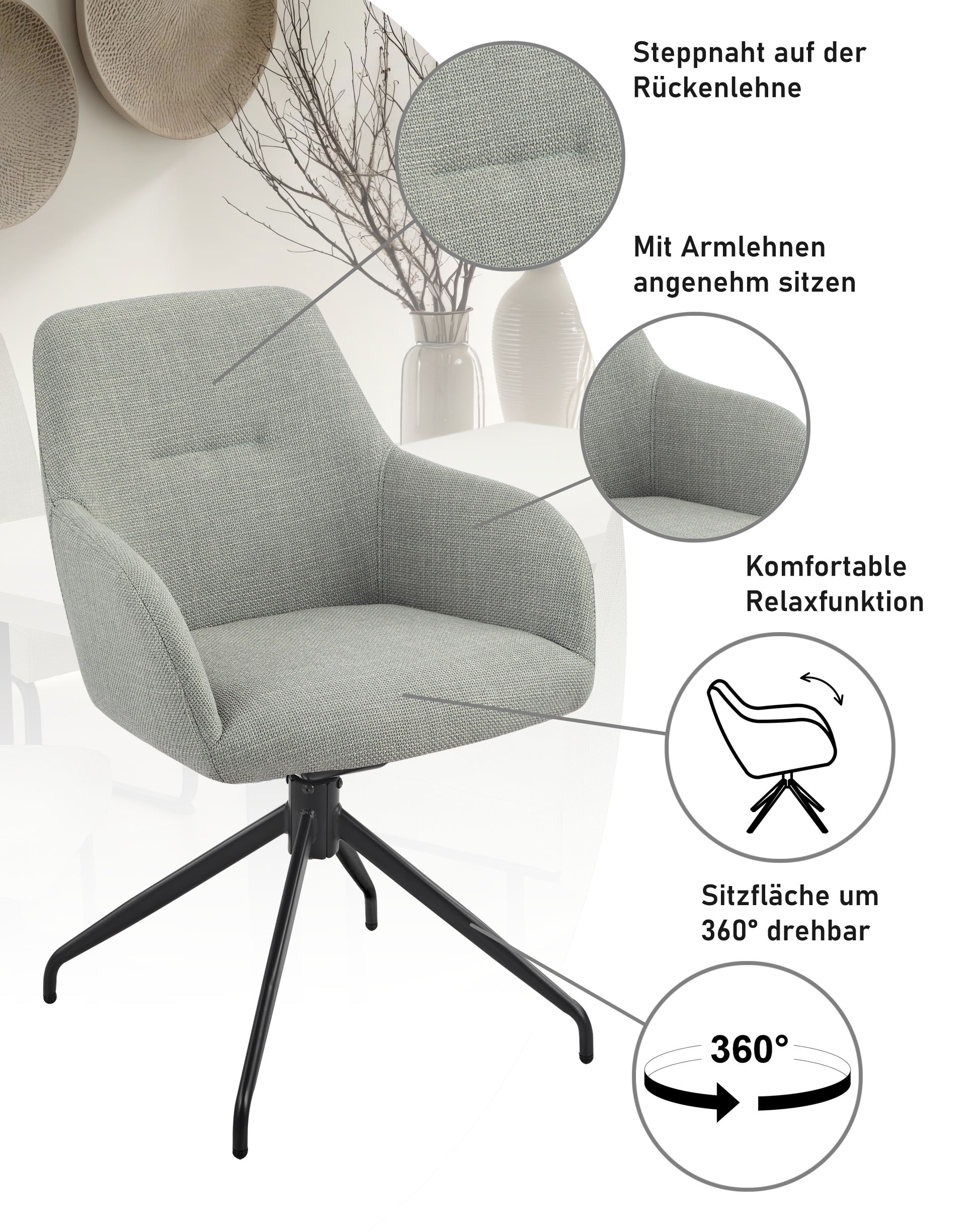 HELA Chaise avec accoudoirs »TRIEST« (Ensemble) 1 cuisfauteuil pivotant à 360°, cadre plié, fonction relax, accoudoirs