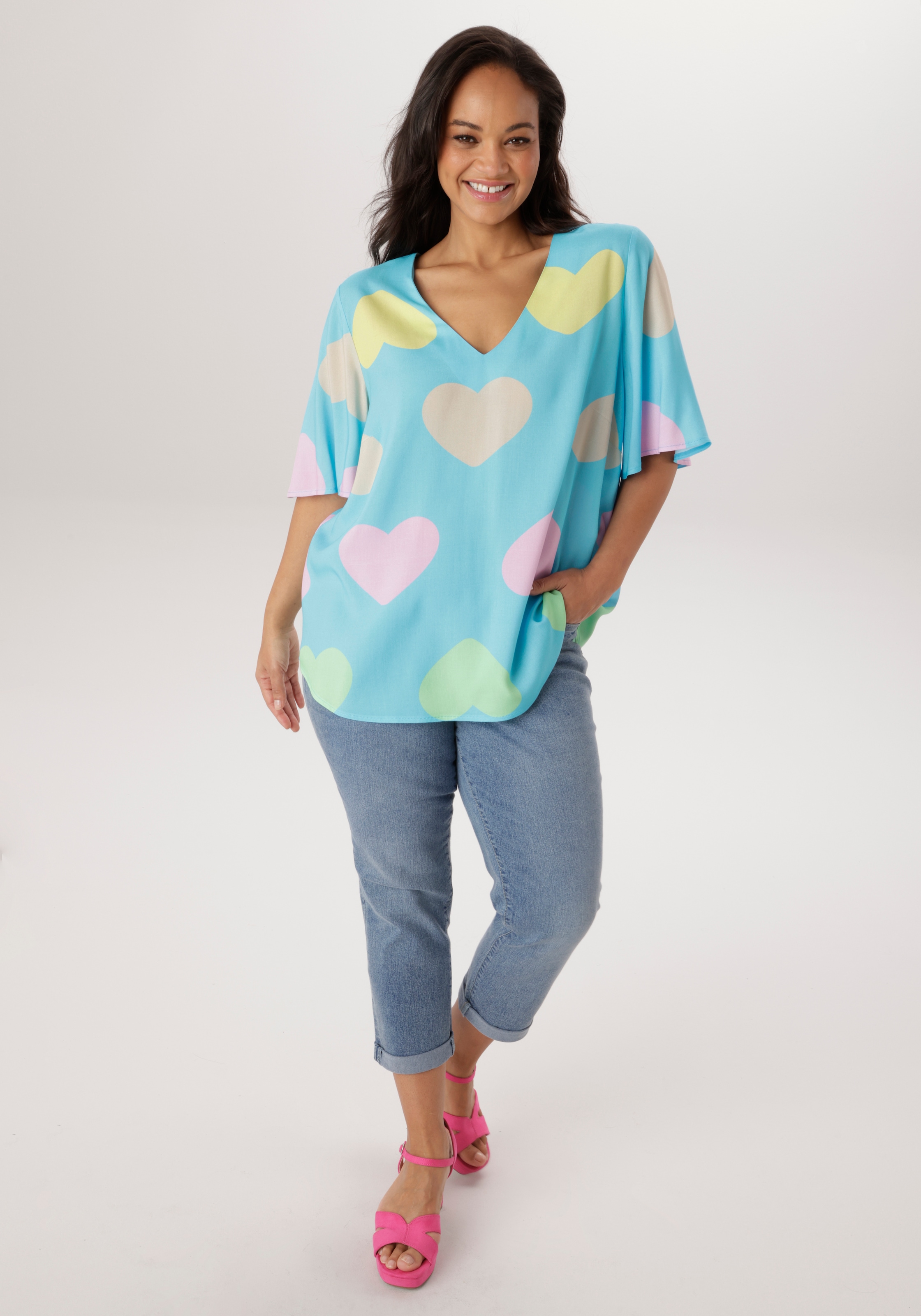Aniston PLUS Blouse à enfiler mit farbigen Herzen bedruckt- jedes Teil ein Unikat - NEUE KOLLEKTION