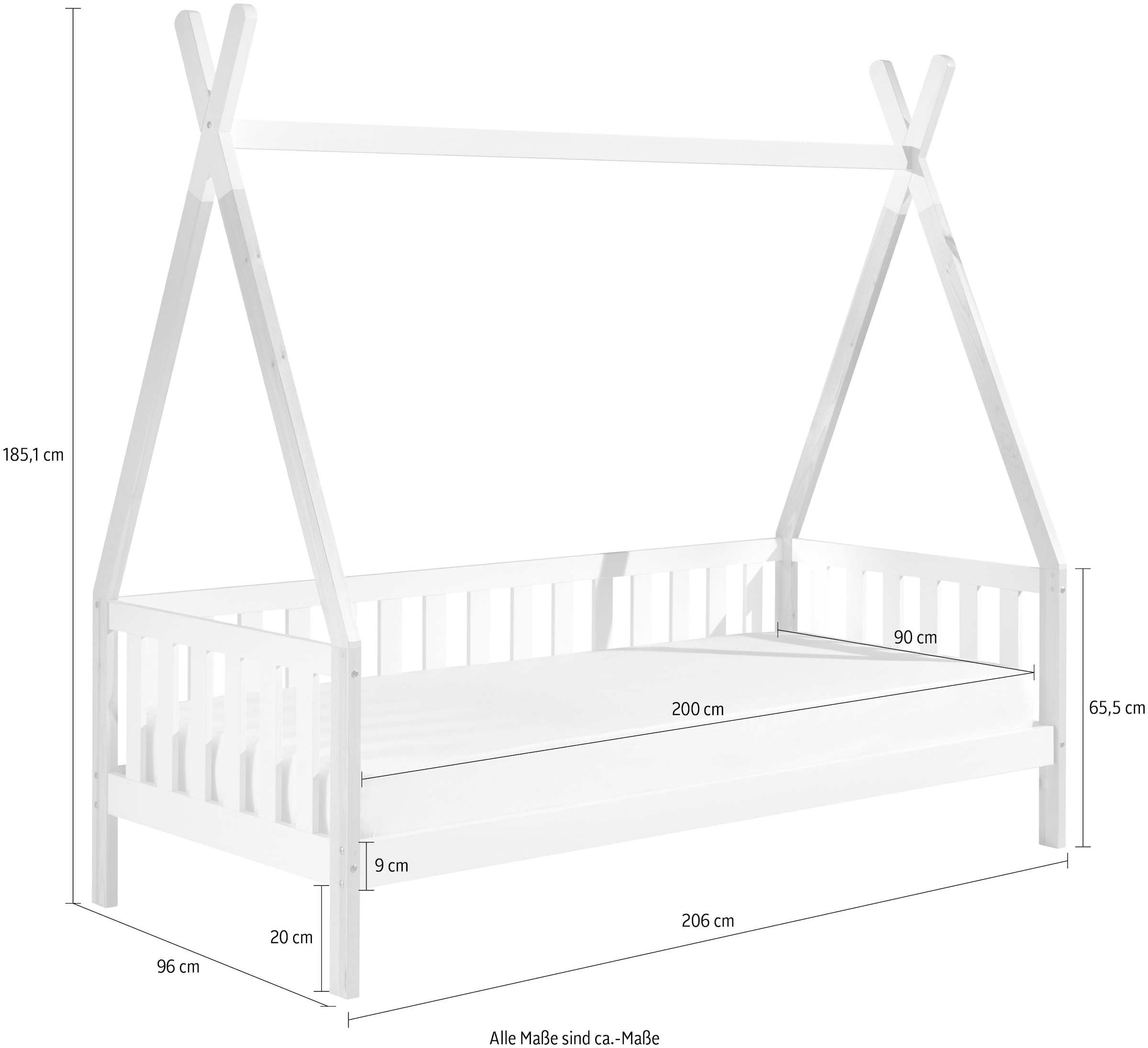 Vipack Lit d'enfant »Tipi, mit Querstange in Zelt-Optik, Kiefer massiv« L/H/P env. 206x185,1x96 cm, encadrement barreaux latéraux,  incluant sommier à lattes roulantes et tiroir de lit en option