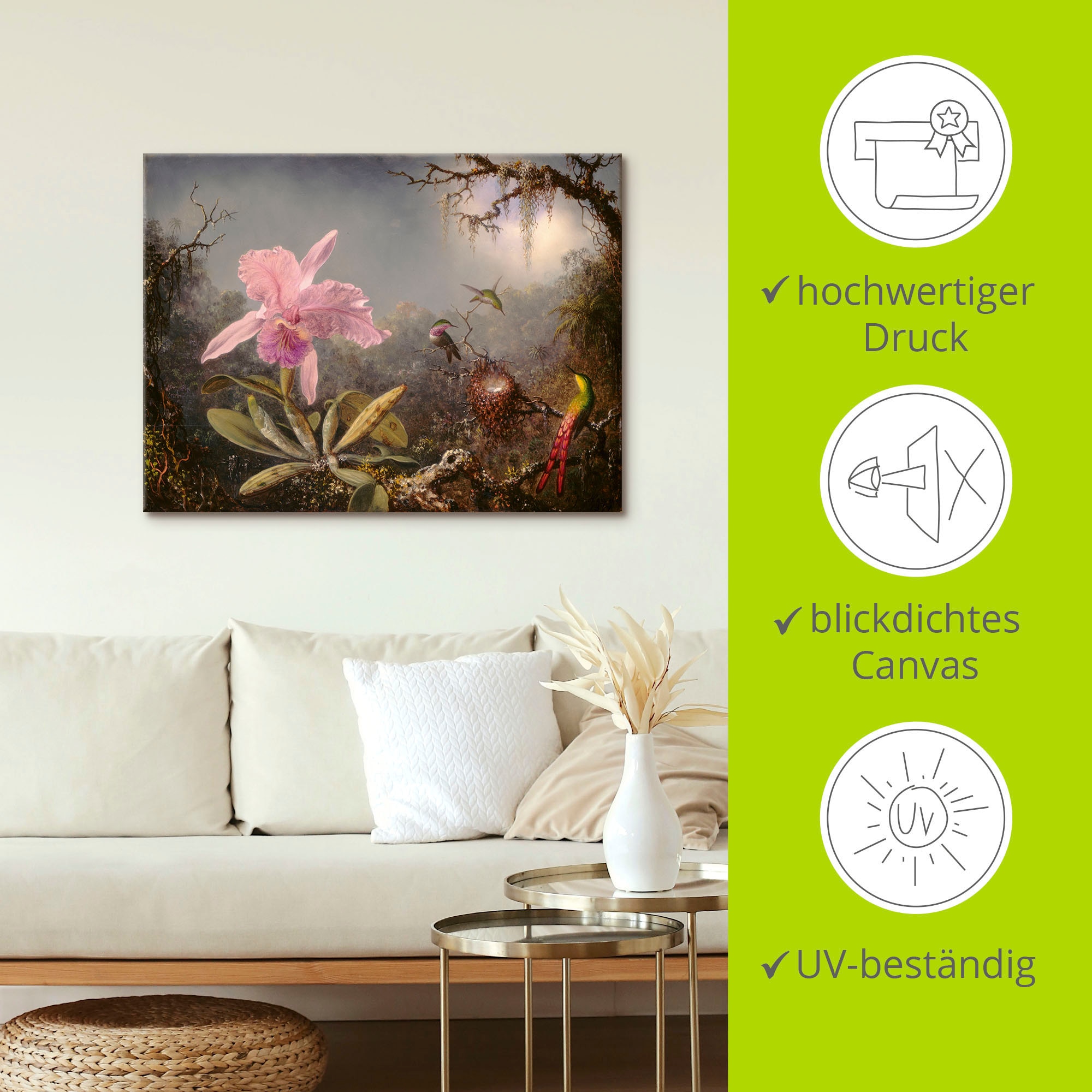 Artland Tableau sur toile »Cattleya Orchidee und drei Kolibris.« Images de fleurs 1 cuis tlg. tendu sur cadre en bois