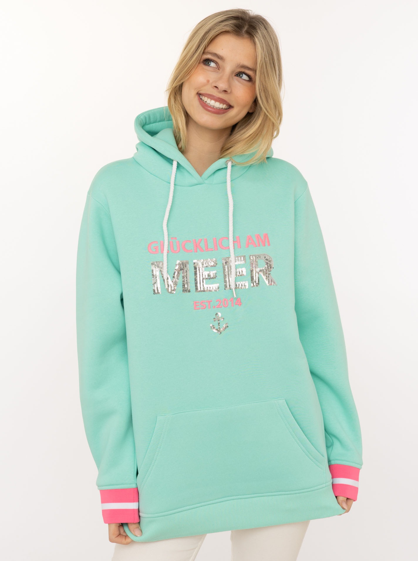 Zwillingsherz Hoodie »"Glücklich am Meer"«, mit Pailletten, Kapuze und kontrastfarbigen Bündchen

