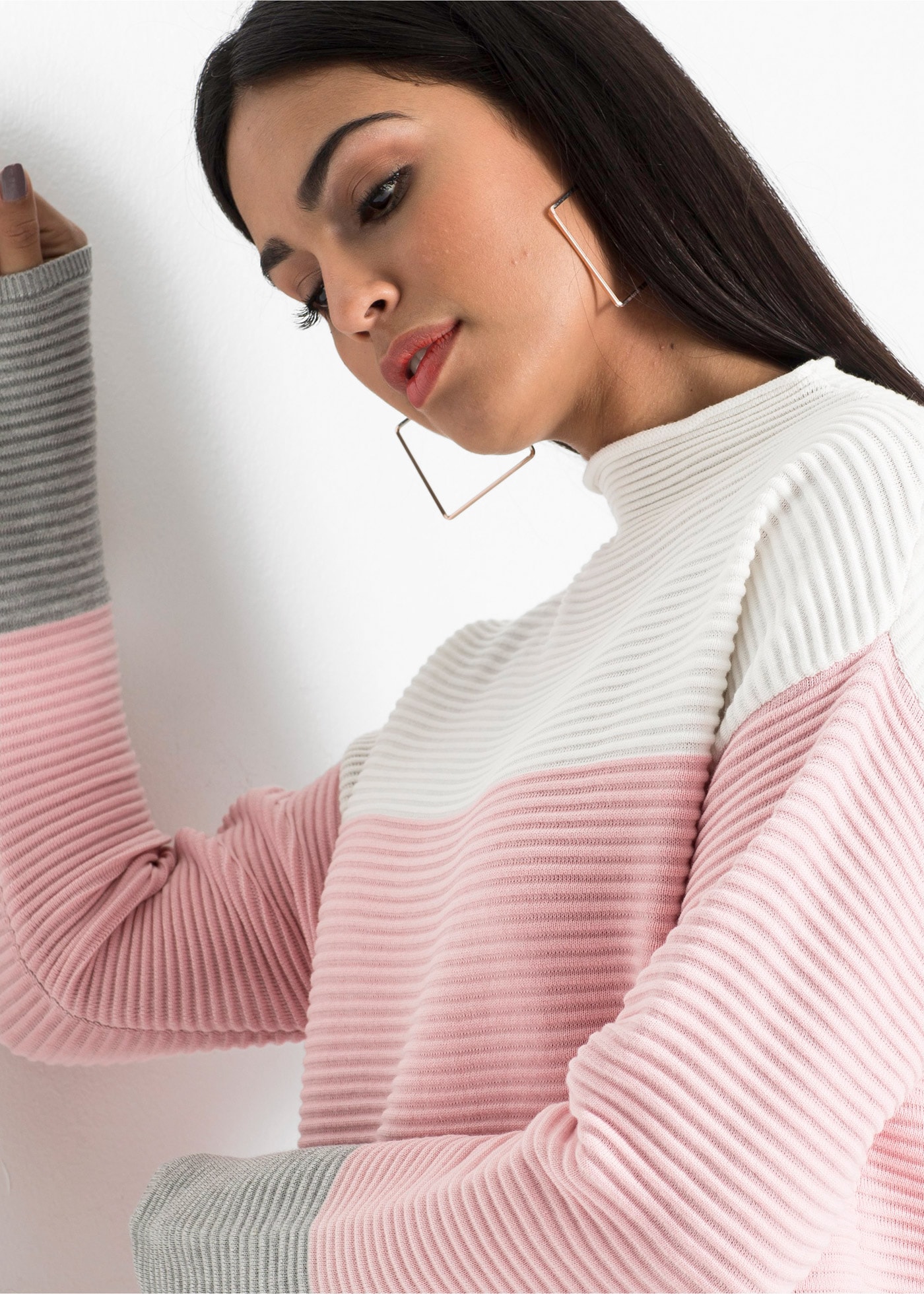 bonprix Pull long »Gestreifter Long-Pullover« aus Baumwolle und Polyacryl, mit Stehkragen, für kühle Tage