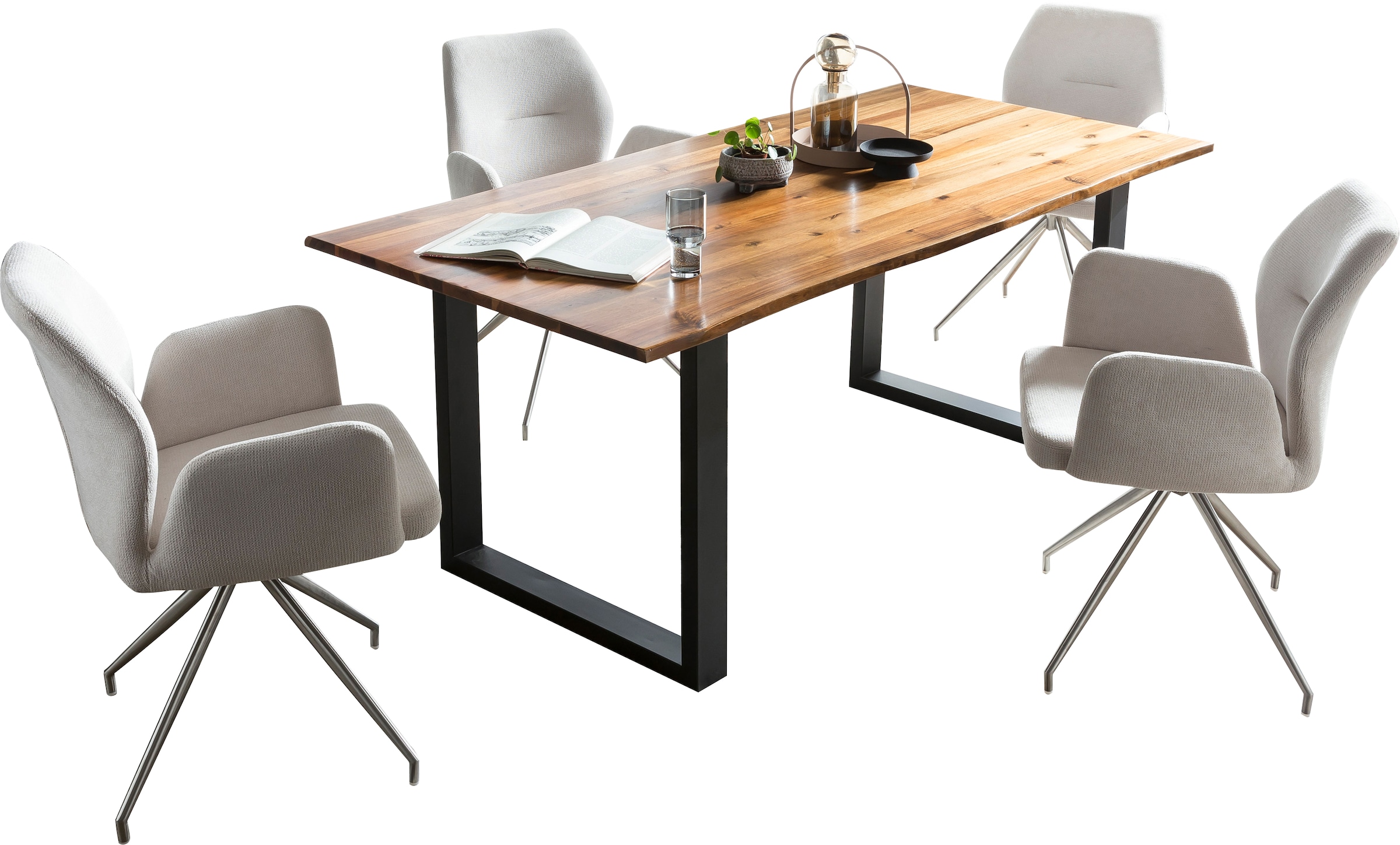 SalesFever Essgruppe »Stilvolle Tischgruppe« Set, 5 Stk. tlg. 5-teiliges Set: Tischplatte mit Baumkante, rostfreies Edelstahlgestell