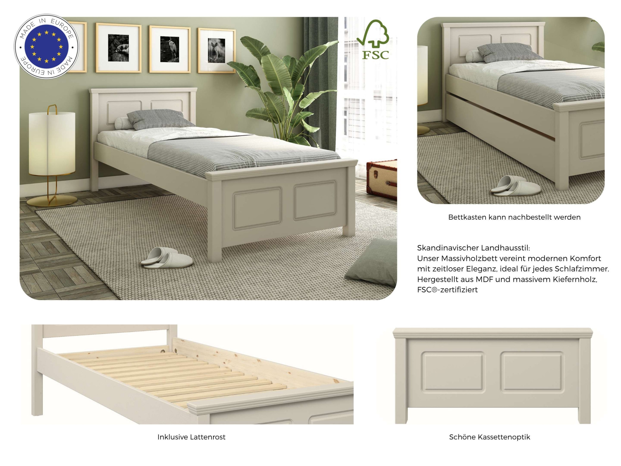 GOODproduct Massivholzbett »ERIK' , Made in Europe, optional mit Schublade, Massivholz Kiefer« FSC® zertifiziert,  in mehreren Grössen, Landhausstil mit Kassettenoptik