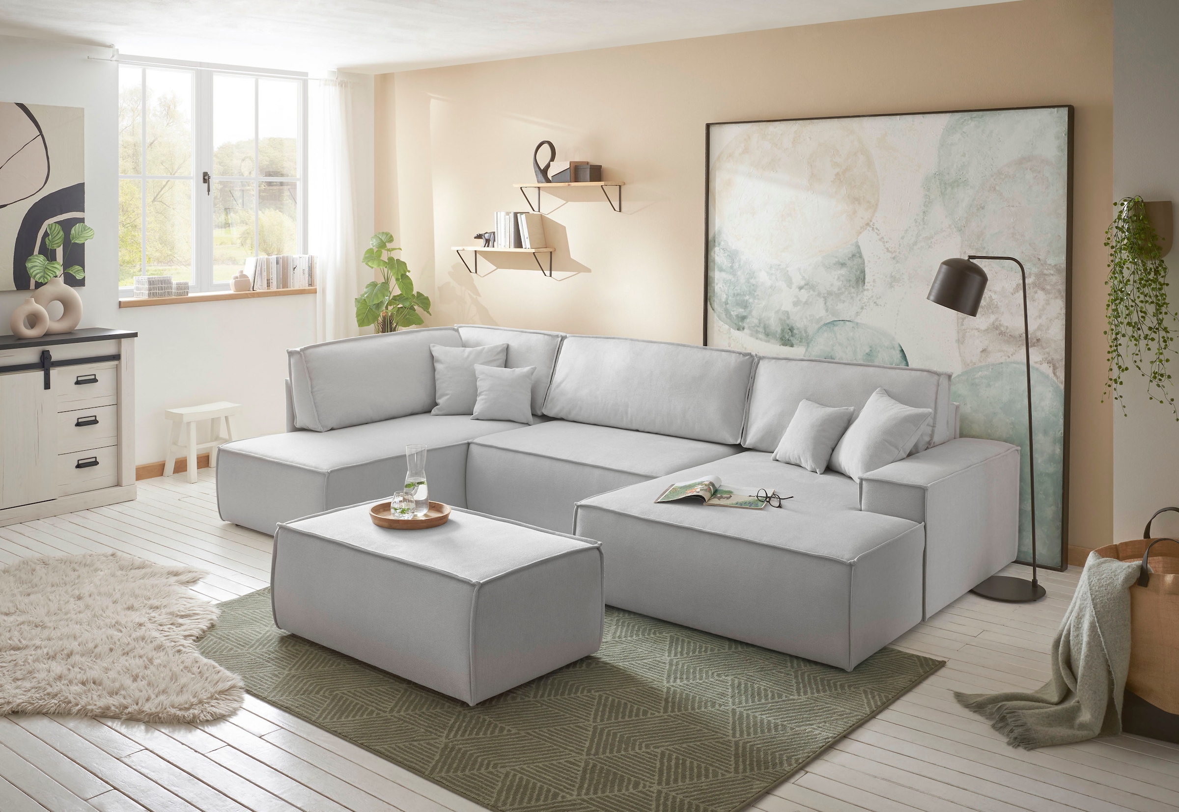 andas Paysage de salon »FINNLEY, U-Form XXL 329 cm, Schlafsofa, Schlaffunktion m. Bettkasten« verfügbar in den Stoffqualitäten Bouclé, Struktur fein und Mega Cord