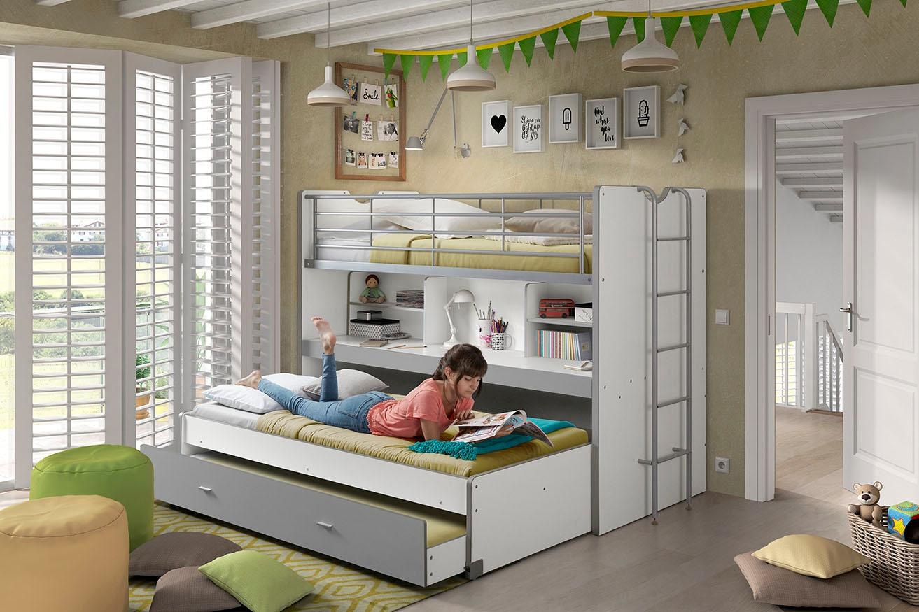 Vipack Lit superposé »Bonny, mit 3 Schlafgelegenheiten, super praktisch im Kinderzimmer« L/H/P env. 222x161x102 cm, surface décor, différentes couleurs,  avec grande tablette d’écriture, étagères, beaucoup de fonctions dans un petit espace