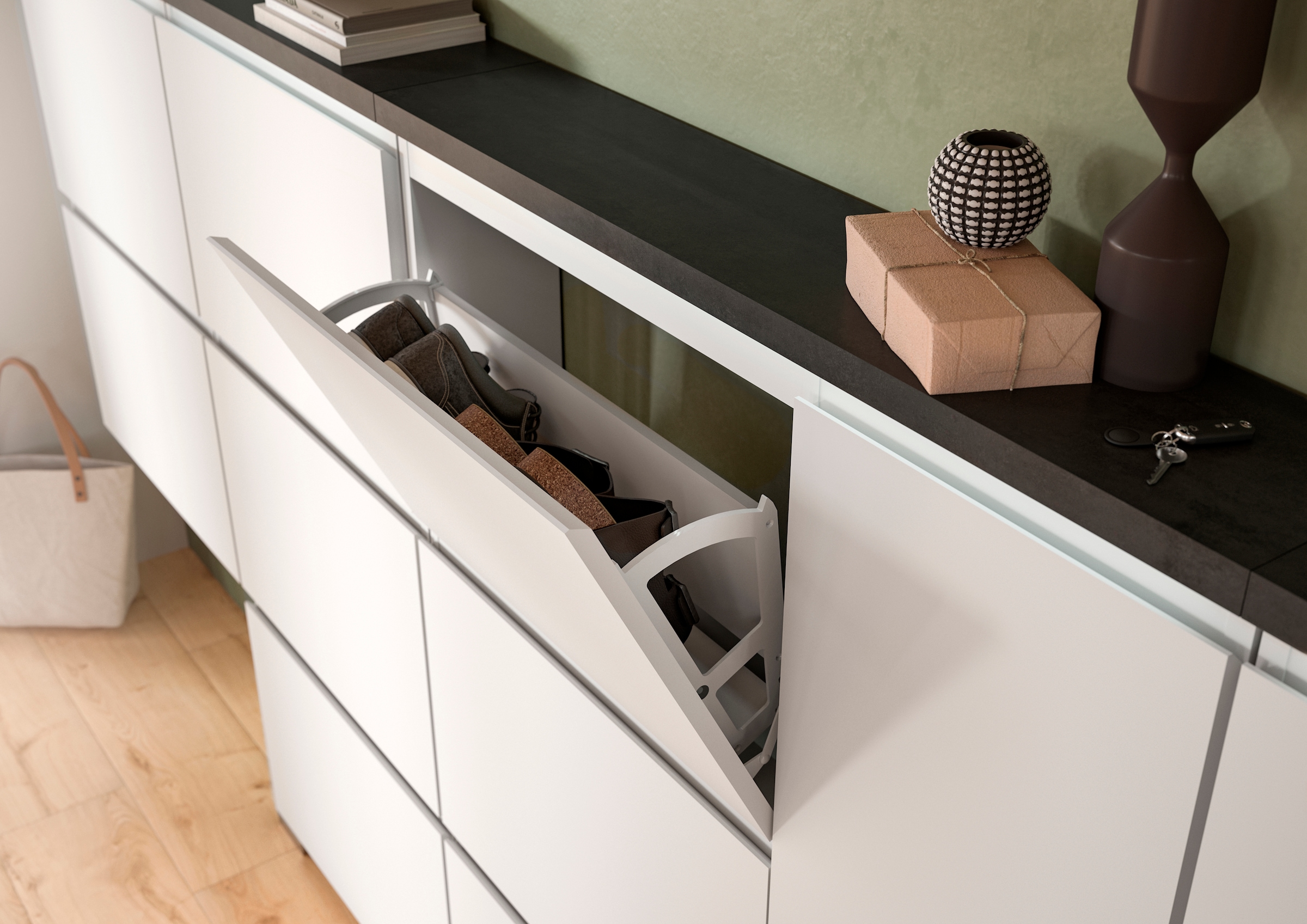 Home affaire Schuhschrank »Skoskap, Tiefe 27cm, 2 Türen, 1 Klappe mit Schuhwalze, 1 Schubkasten« Platz für ca. 16 Schuhpaare, Schuhkipper, Schuhkommode, Schuhregal